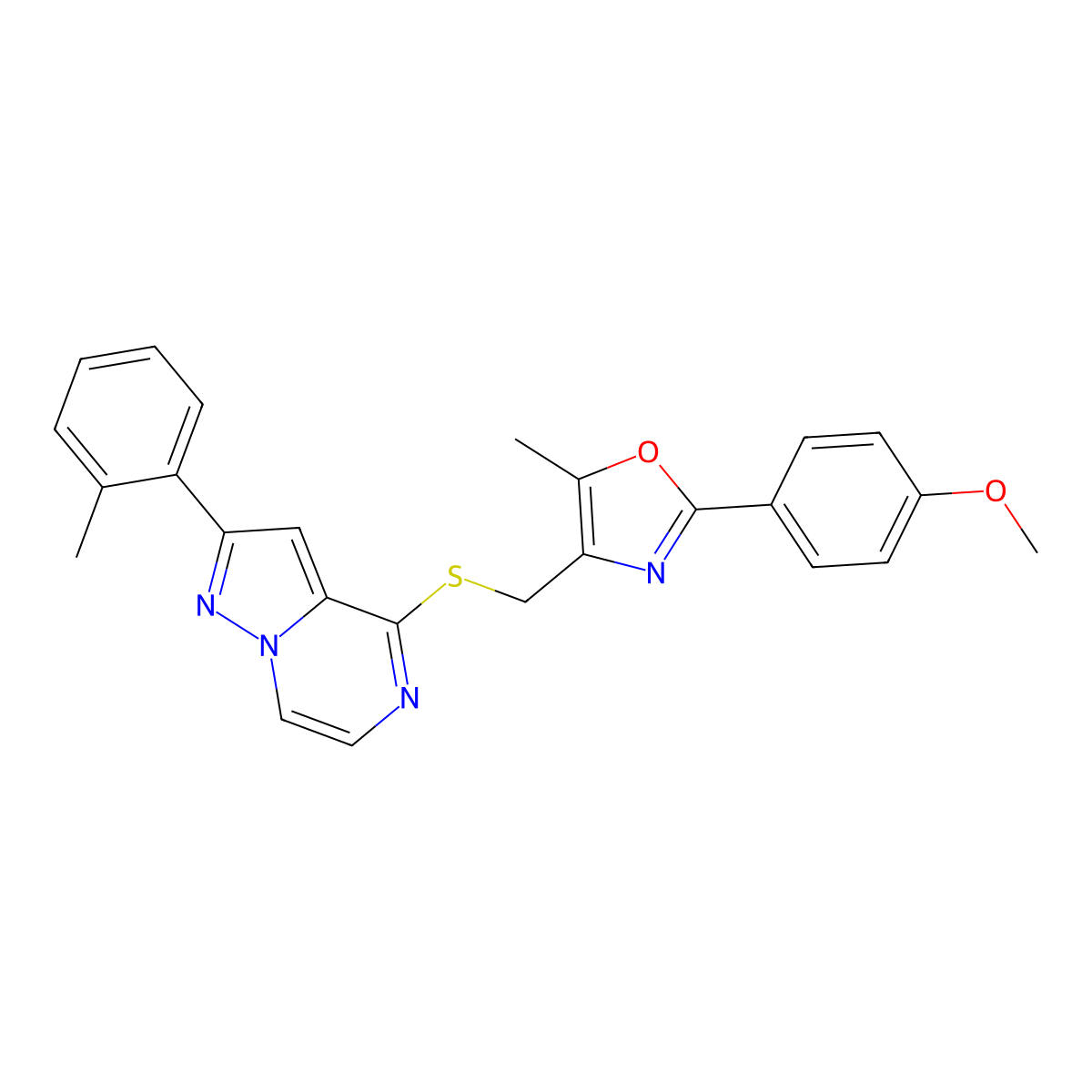 2-(4-Methoxyphenyl)-5-methyl-4-({[2-(2-methylphenyl)pyrazolo[1,5-A]pyrazin-4-YL]sulfanyl}methyl)-1,3-oxazole molecular structure, CAS 1207030-61-2