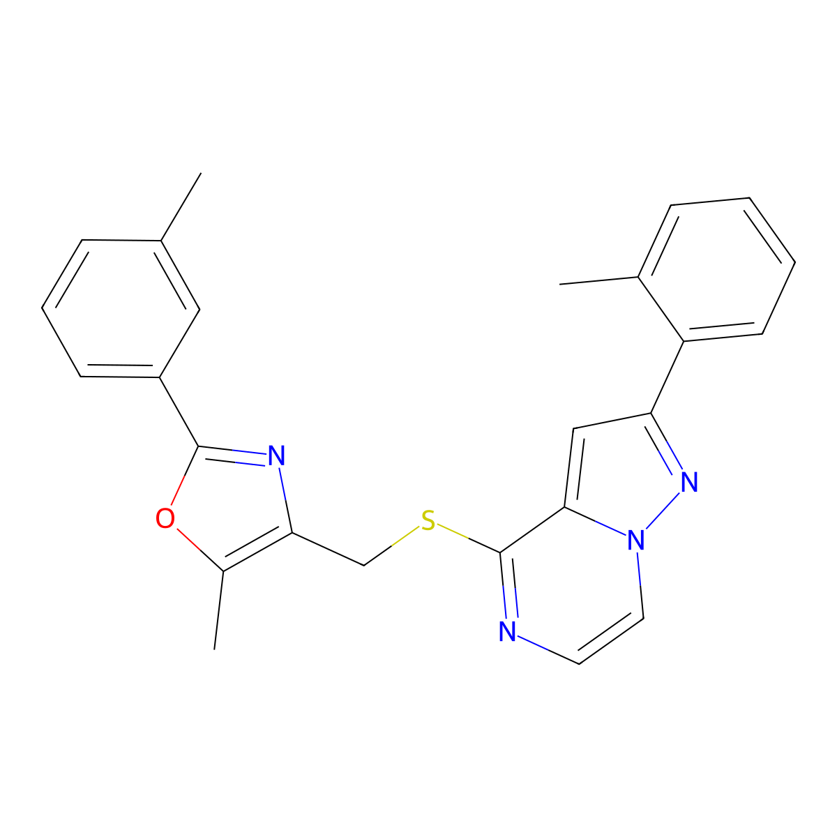 4-({[5-Methyl-2-(3-methylphenyl)-1,3-oxazol-4-yl]methyl}thio)-2-(2-methylphenyl)pyrazolo[1,5-a]pyrazine molecular structure, CAS 1207030-62-3