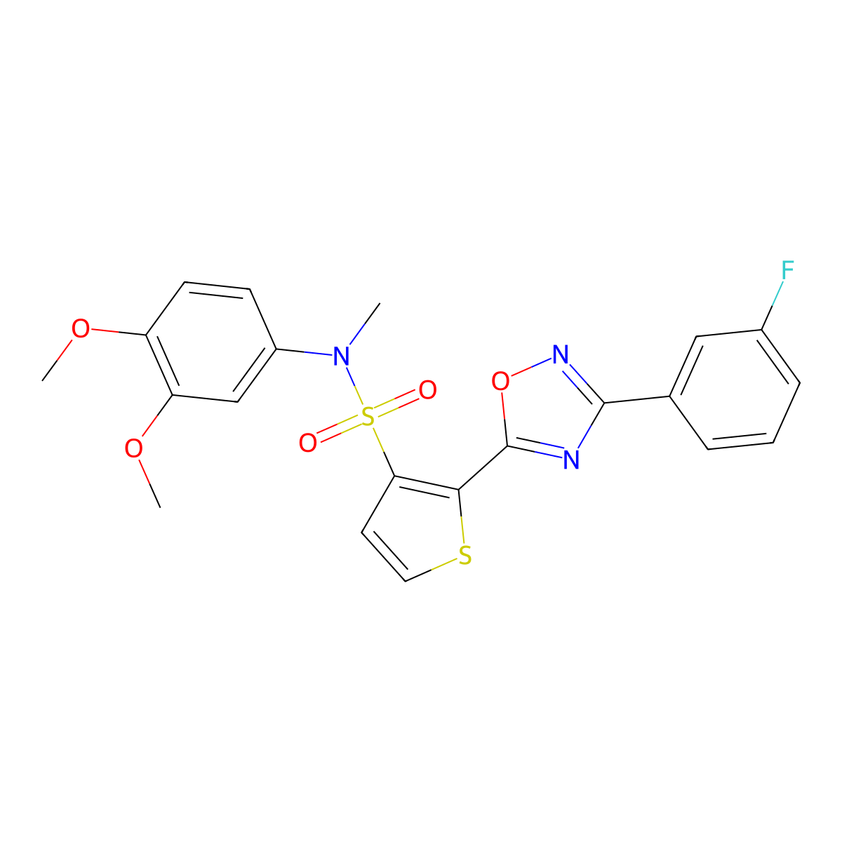 N-(3,4-dimethoxyphenyl)-2-[3-(3-fluorophenyl)-1,2,4-oxadiazol-5-yl]-N-methylthiophene-3-sulfonamide molecular structure, CAS 1207030-66-7