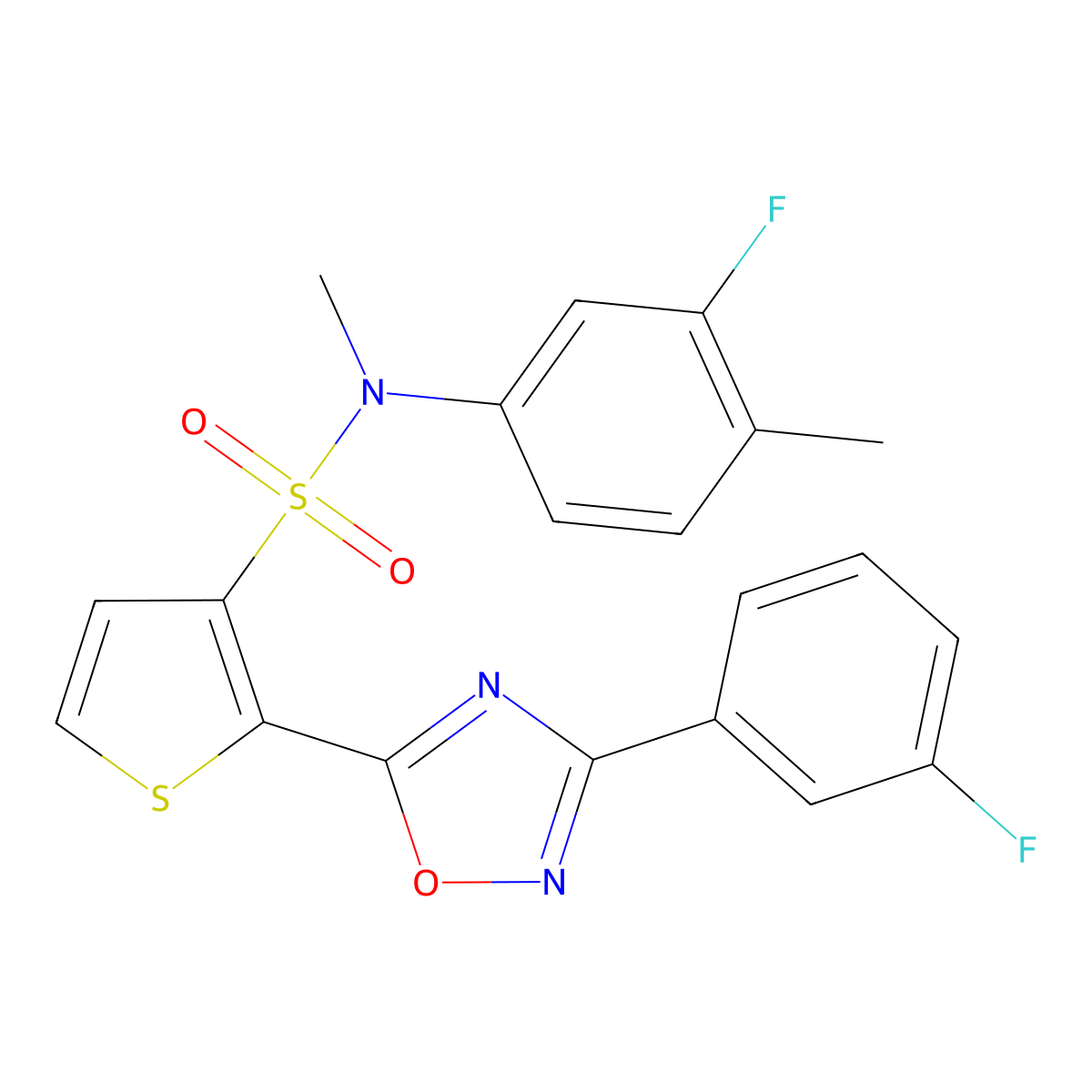 N-(3-fluoro-4-methylphenyl)-2-[3-(3-fluorophenyl)-1,2,4-oxadiazol-5-yl]-N-methylthiophene-3-sulfonamide molecular structure, CAS 1207030-72-5