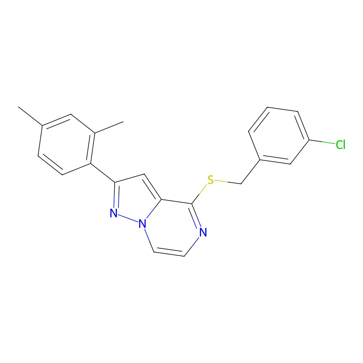 4-[(3-Chlorobenzyl)thio]-2-(2,4-dimethylphenyl)pyrazolo[1,5-a]pyrazine molecular structure, CAS 1207030-92-9