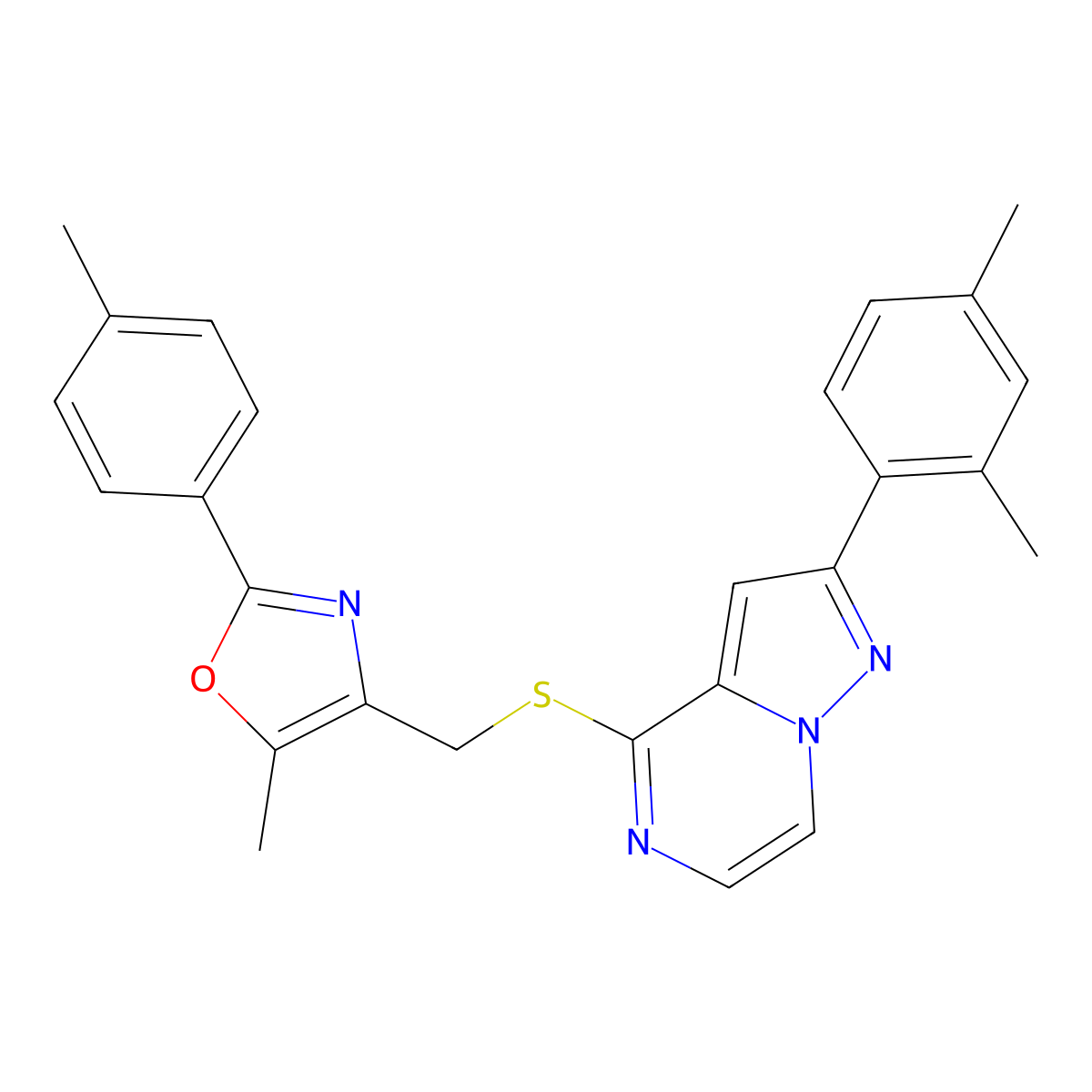 4-({[2-(2,4-Dimethylphenyl)pyrazolo[1,5-A]pyrazin-4-YL]sulfanyl}methyl)-5-methyl-2-(4-methylphenyl)-1,3-oxazole molecular structure, CAS 1207030-93-0