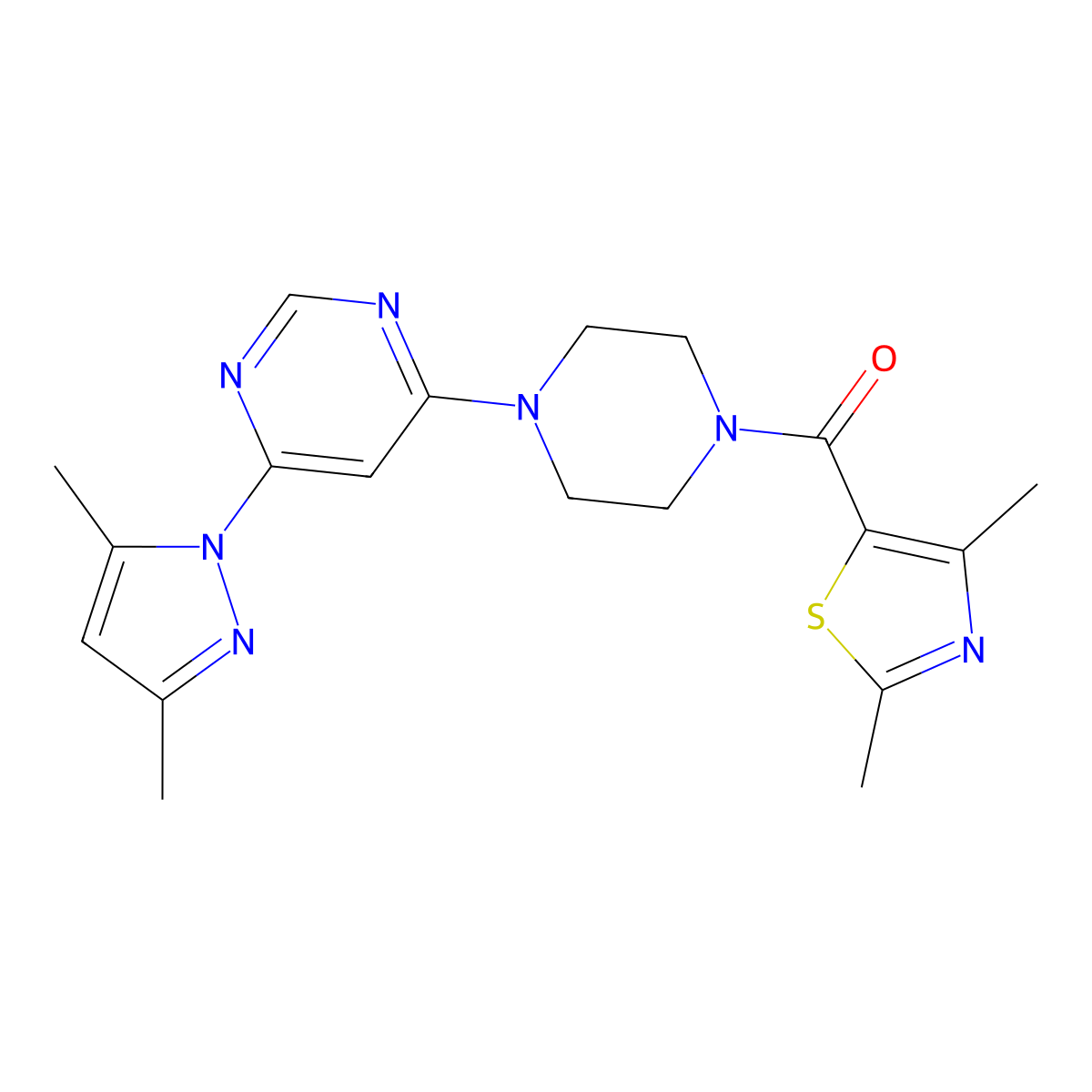 (4-(6-(3,5-dimethyl-1H-pyrazol-1-yl)pyrimidin-4-yl)piperazin-1-yl)(2,4-dimethylthiazol-5-yl)methanone molecular structure, CAS 1207030-95-2