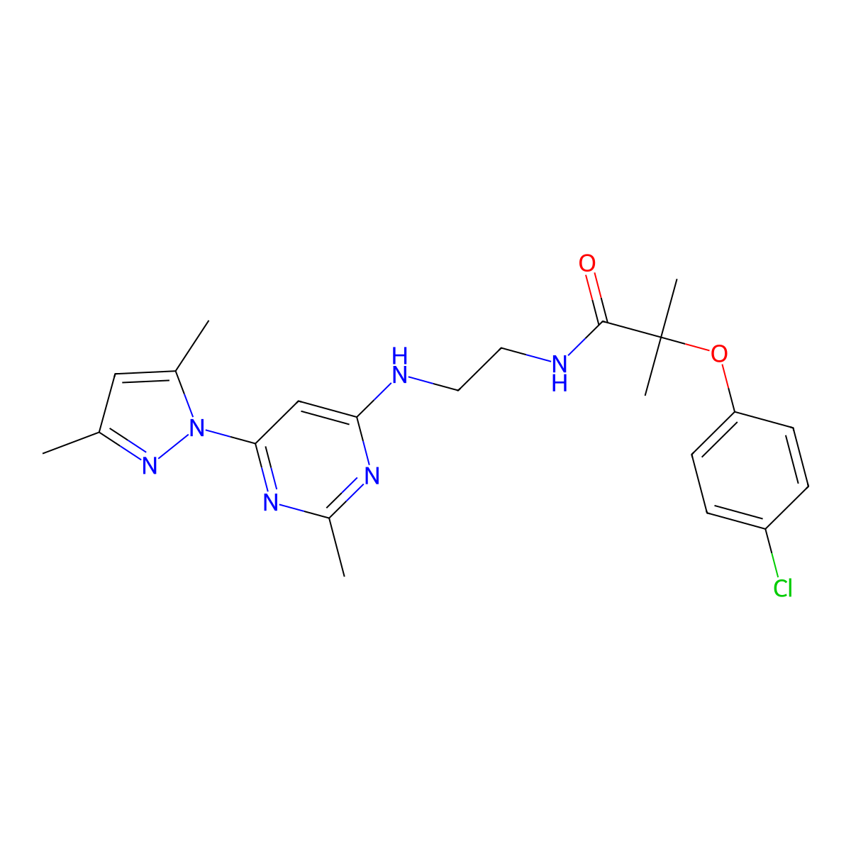 2-(4-chlorophenoxy)-N-(2-((6-(3,5-dimethyl-1H-pyrazol-1-yl)-2-methylpyrimidin-4-yl)amino)ethyl)-2-methylpropanamide molecular structure, CAS 1207030-96-3