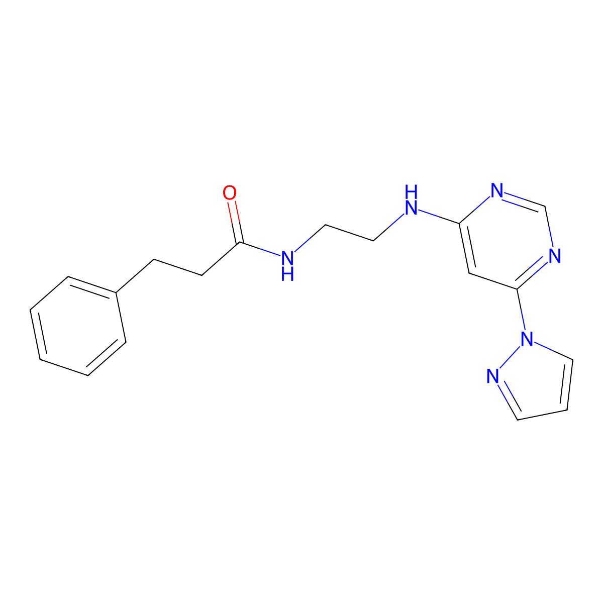 N-(2-((6-(1H-pyrazol-1-yl)pyrimidin-4-yl)amino)ethyl)-3-phenylpropanamide molecular structure, CAS 1207030-97-4