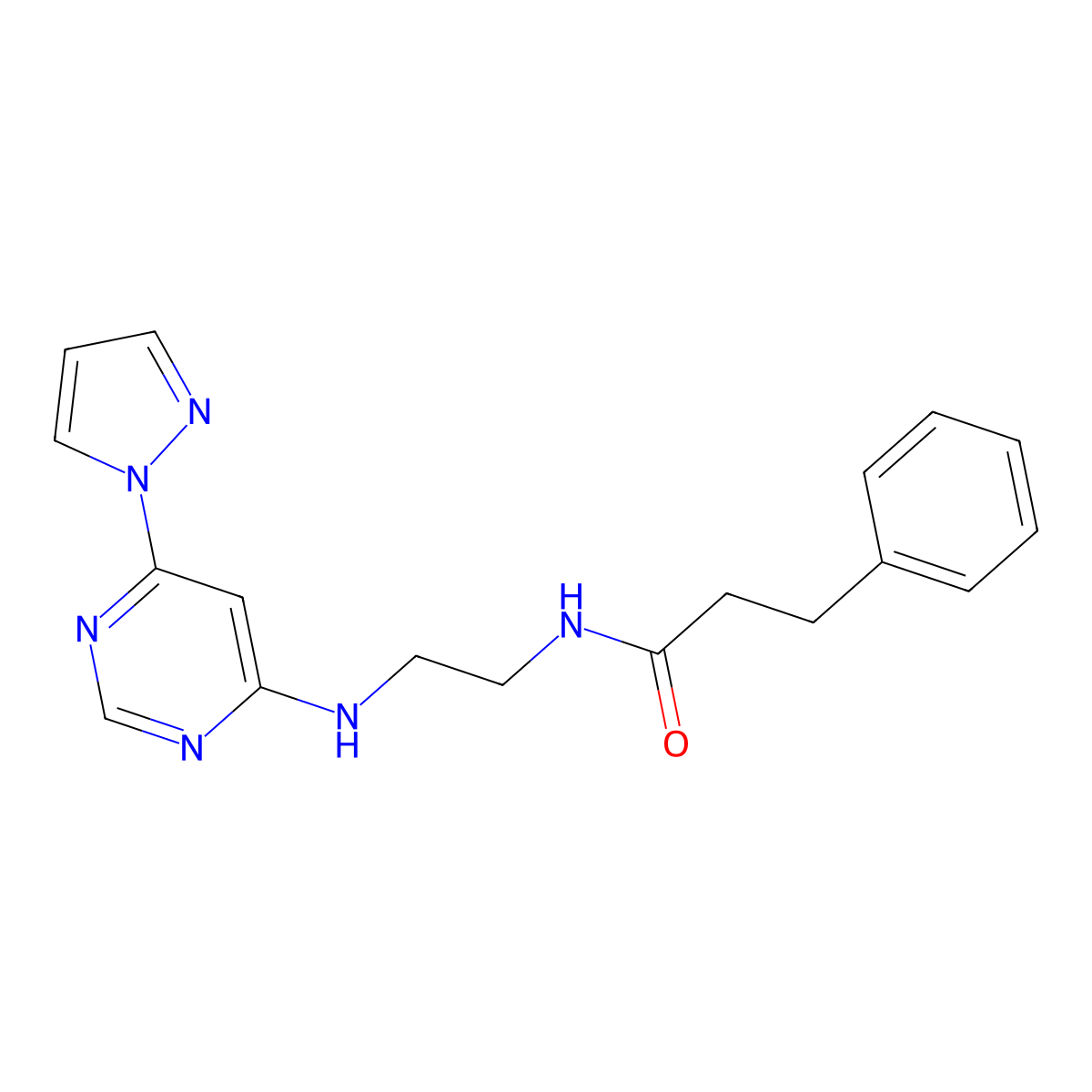 N-(2-((6-(1H-pyrazol-1-yl)pyrimidin-4-yl)amino)ethyl)-3-phenylpropanamide molecular structure, CAS 1207030-97-4