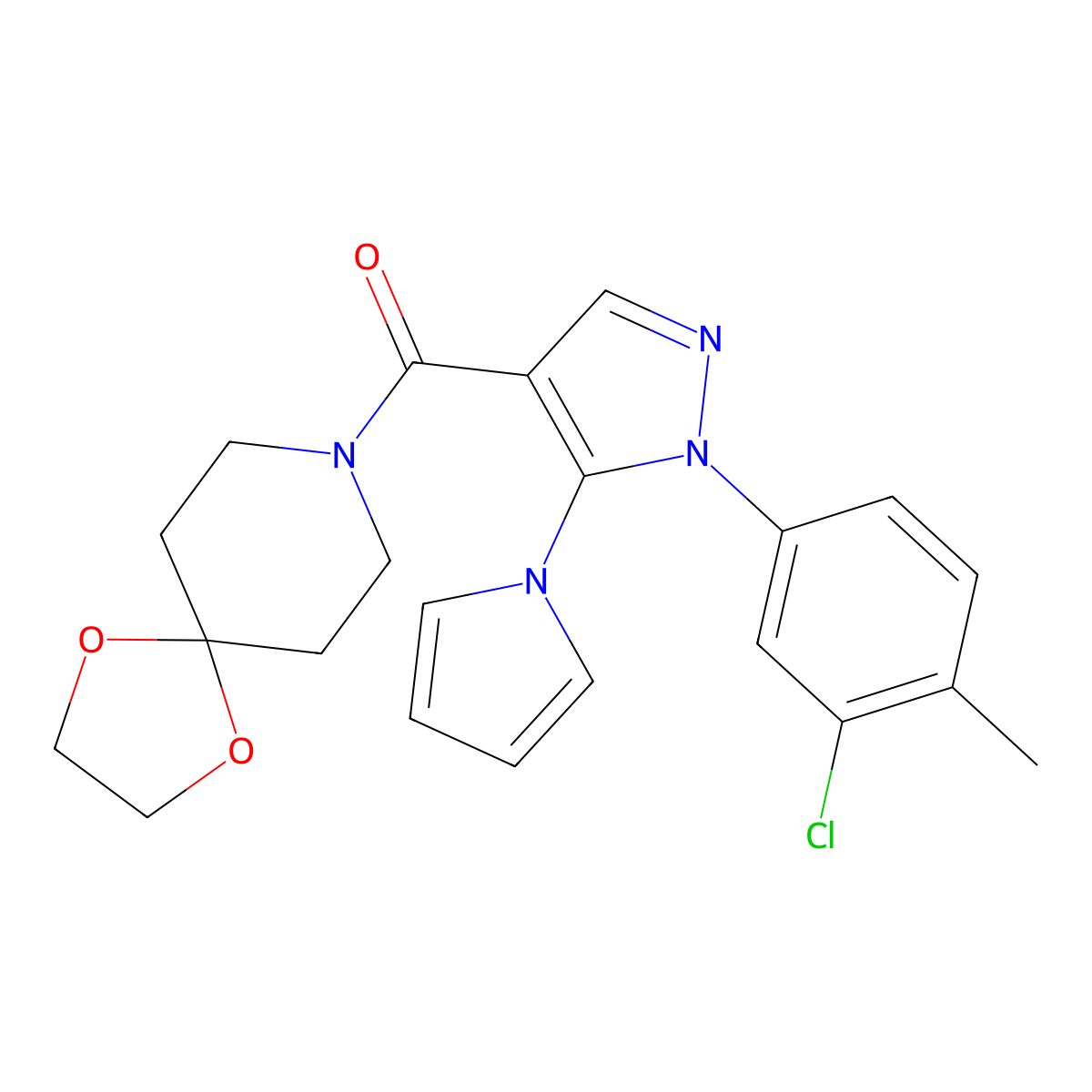 (1-(3-chloro-4-methylphenyl)-5-(1H-pyrrol-1-yl)-1H-pyrazol-4-yl)(1,4-dioxa-8-azaspiro[4.5]decan-8-yl)methanone molecular structure, CAS 1207031-00-2