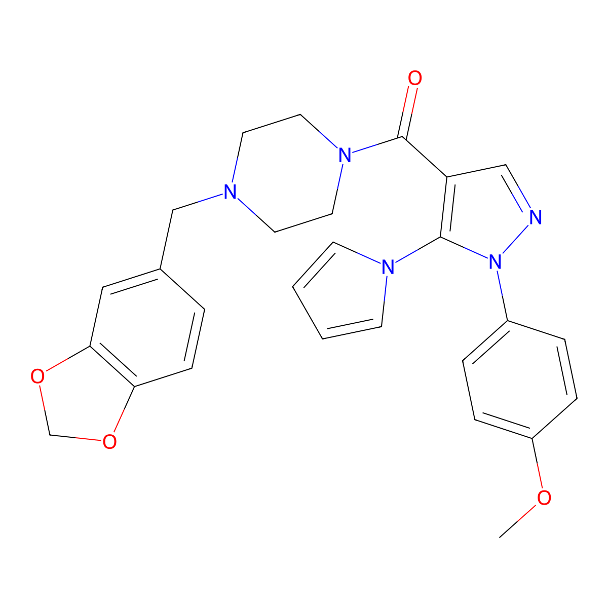 (4-(benzo[d][1,3]dioxol-5-ylmethyl)piperazin-1-yl)(1-(4-methoxyphenyl)-5-(1H-pyrrol-1-yl)-1H-pyrazol-4-yl)methanone molecular structure, CAS 1207031-01-3