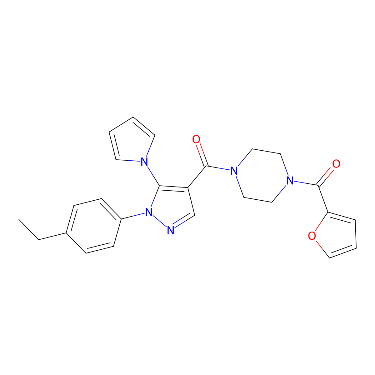 (1-(4-ethylphenyl)-5-(1H-pyrrol-1-yl)-1H-pyrazol-4-yl)(4-(furan-2-carbonyl)piperazin-1-yl)methanone molecular structure, CAS 1207031-03-5