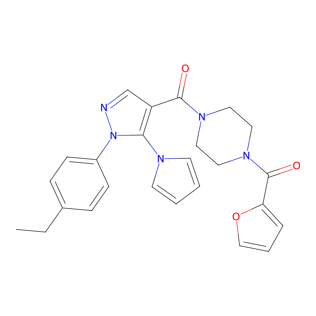 (1-(4-ethylphenyl)-5-(1H-pyrrol-1-yl)-1H-pyrazol-4-yl)(4-(furan-2-carbonyl)piperazin-1-yl)methanone molecular structure, CAS 1207031-03-5