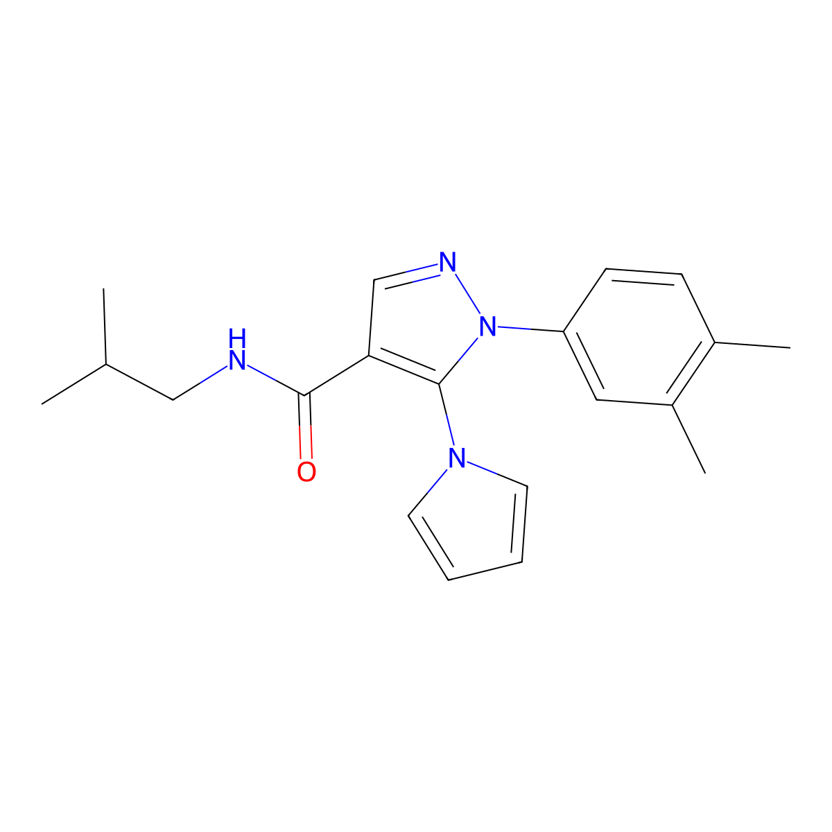 1-(3,4-dimethylphenyl)-N-isobutyl-5-(1H-pyrrol-1-yl)-1H-pyrazole-4-carboxamide molecular structure, CAS 1207031-04-6