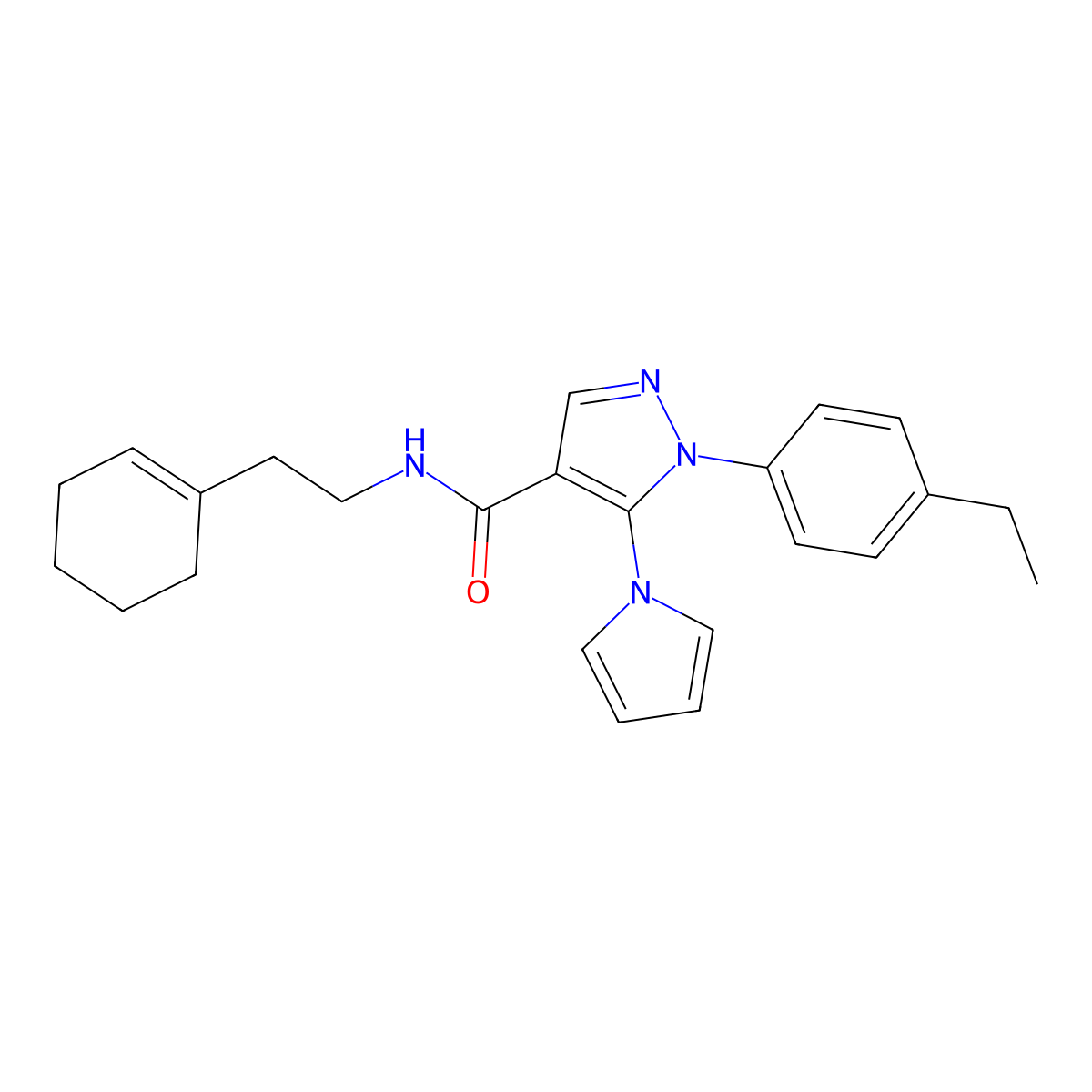 N-(2-(cyclohex-1-en-1-yl)ethyl)-1-(4-ethylphenyl)-5-(1H-pyrrol-1-yl)-1H-pyrazole-4-carboxamide molecular structure, CAS 1207031-07-9