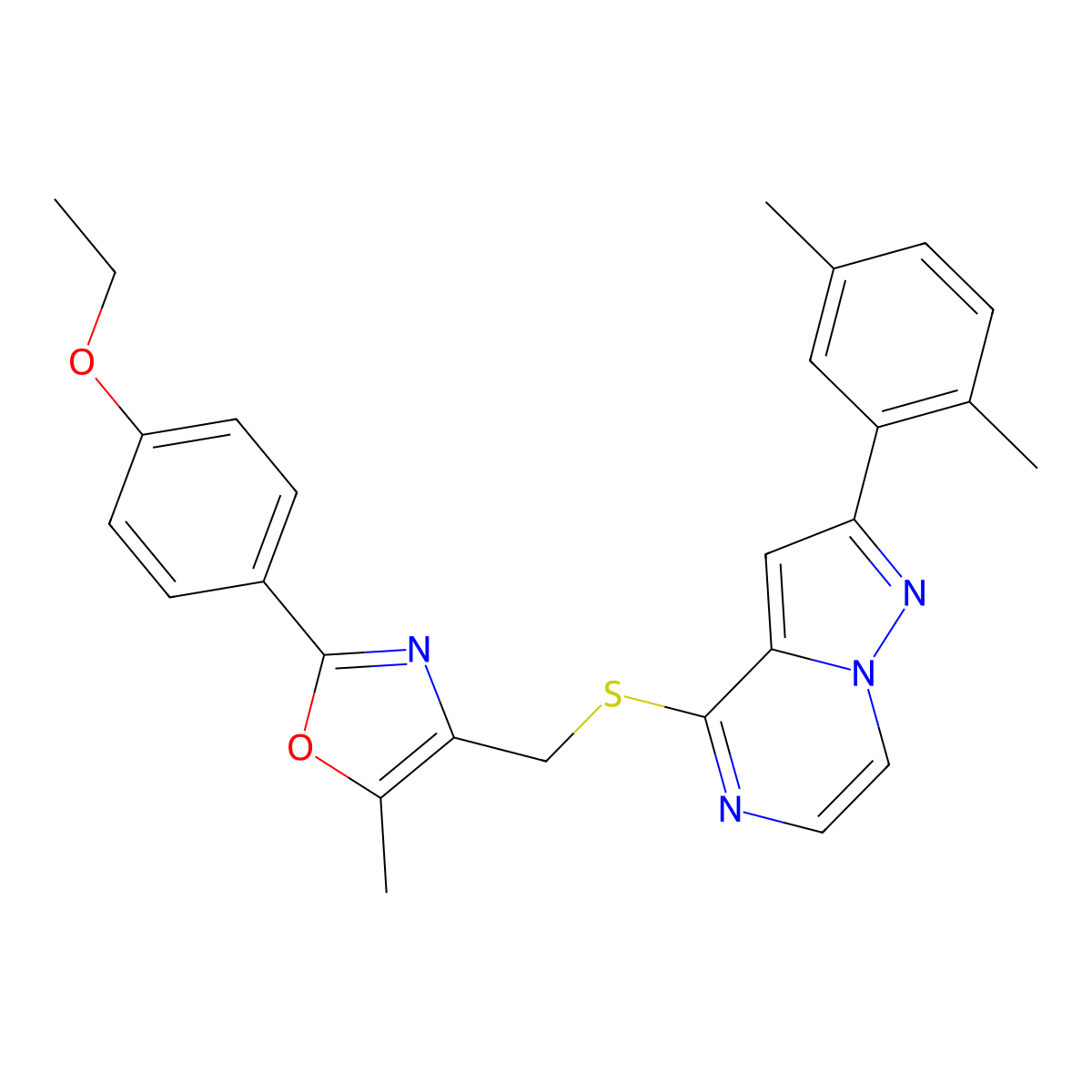4-({[2-(2,5-Dimethylphenyl)pyrazolo[1,5-A]pyrazin-4-YL]sulfanyl}methyl)-2-(4-ethoxyphenyl)-5-methyl-1,3-oxazole molecular structure, CAS 1207031-18-2