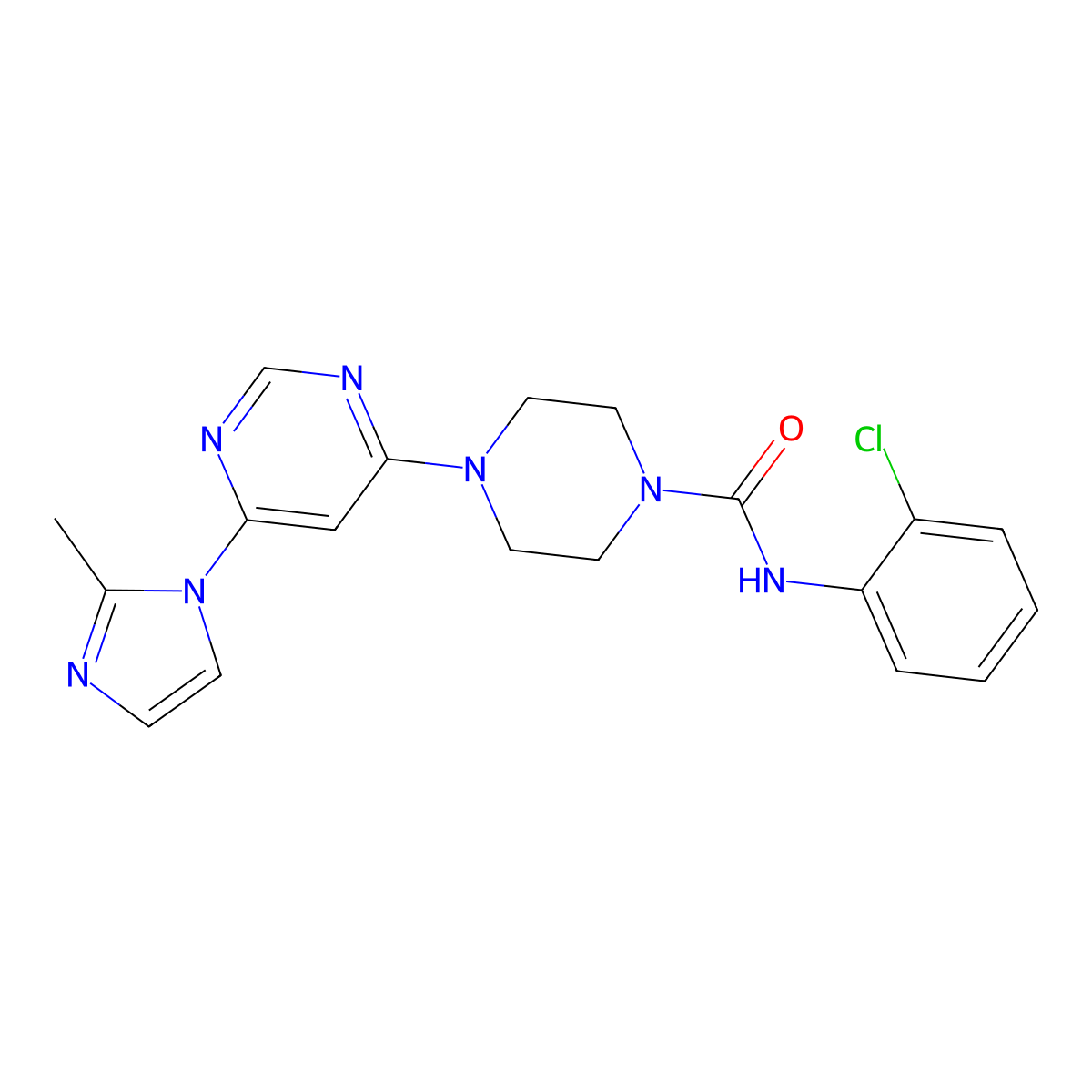 N-(2-chlorophenyl)-4-(6-(2-methyl-1H-imidazol-1-yl)pyrimidin-4-yl)piperazine-1-carboxamide molecular structure, CAS 1207031-28-4
