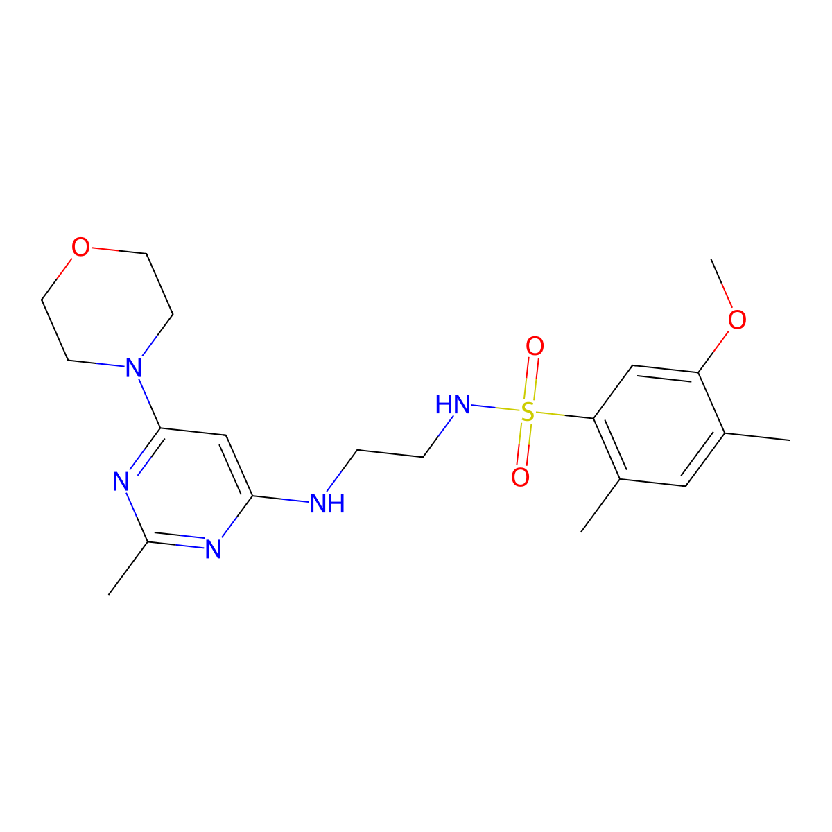5-methoxy-2,4-dimethyl-N-(2-{[2-methyl-6-(morpholin-4-yl)pyrimidin-4-yl]amino}ethyl)benzene-1-sulfonamide molecular structure, CAS 1207031-47-7