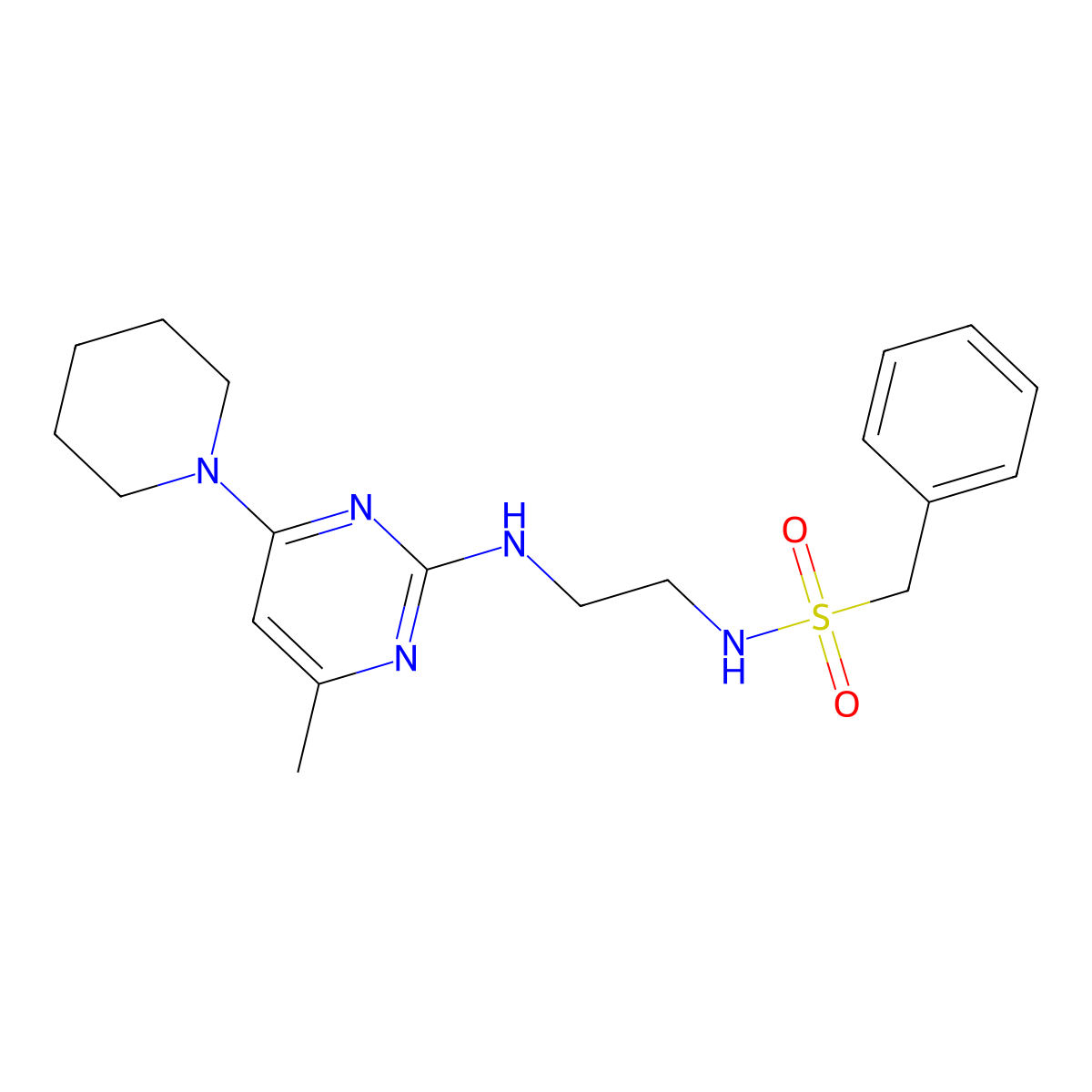 N-(2-{[4-methyl-6-(piperidin-1-yl)pyrimidin-2-yl]amino}ethyl)-1-phenylmethanesulfonamide molecular structure, CAS 1207031-66-0