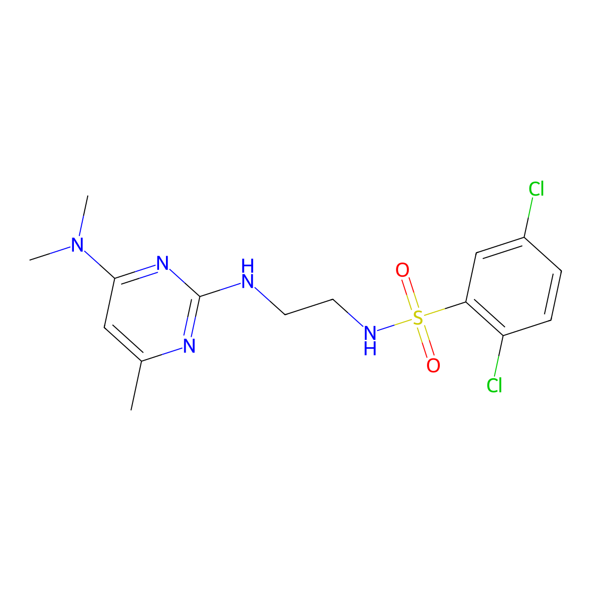 2,5-dichloro-N-(2-((4-(dimethylamino)-6-methylpyrimidin-2-yl)amino)ethyl)benzenesulfonamide molecular structure, CAS 1207031-68-2
