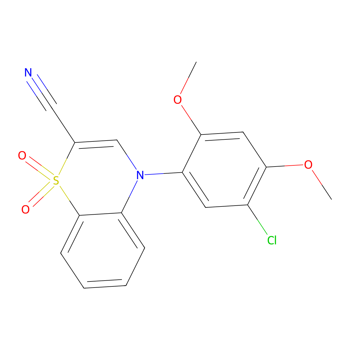 4-(5-chloro-2,4-dimethoxyphenyl)-4H-1,4-benzothiazine-2-carbonitrile 1,1-dioxide molecular structure, CAS 1207032-10-7