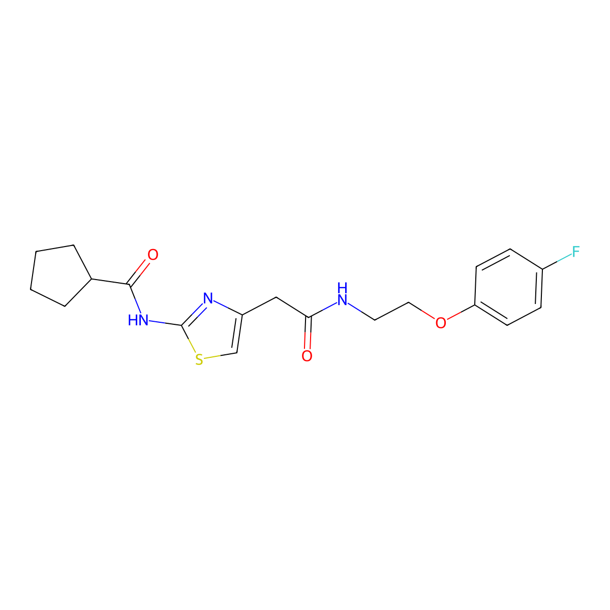 N-(4-(2-((2-(4-fluorophenoxy)ethyl)amino)-2-oxoethyl)thiazol-2-yl)cyclopentanecarboxamide molecular structure, CAS 1207032-13-0