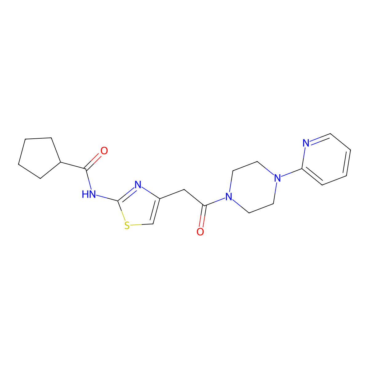 N-(4-(2-oxo-2-(4-(pyridin-2-yl)piperazin-1-yl)ethyl)thiazol-2-yl)cyclopentanecarboxamide molecular structure, CAS 1207032-20-9