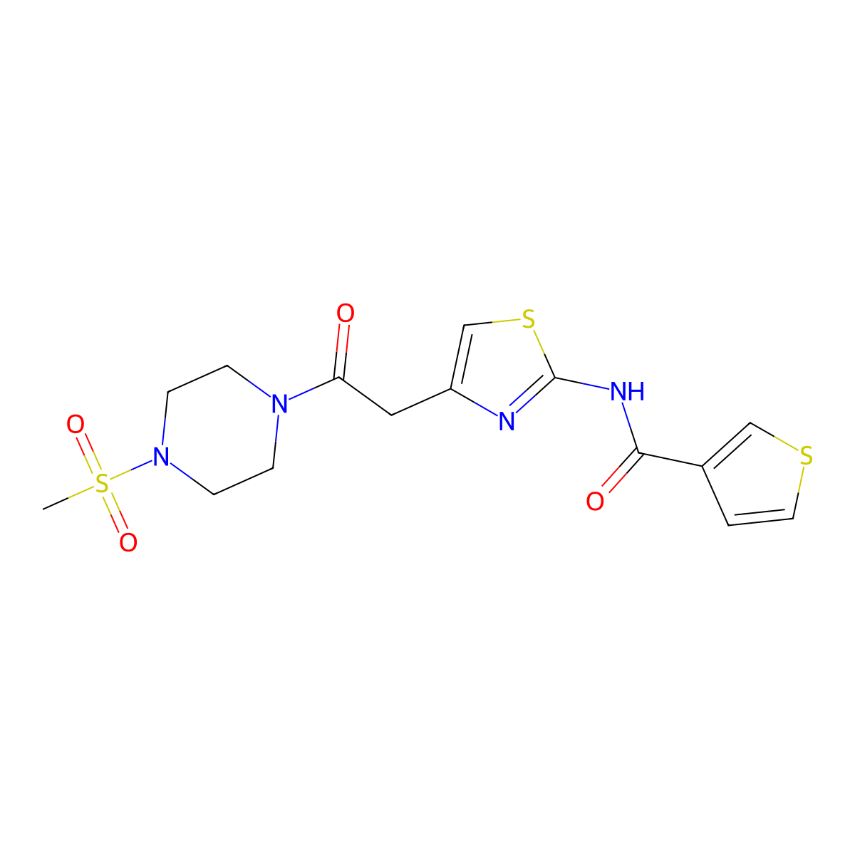 N-(4-(2-(4-(methylsulfonyl)piperazin-1-yl)-2-oxoethyl)thiazol-2-yl)thiophene-3-carboxamide molecular structure, CAS 1207032-48-1