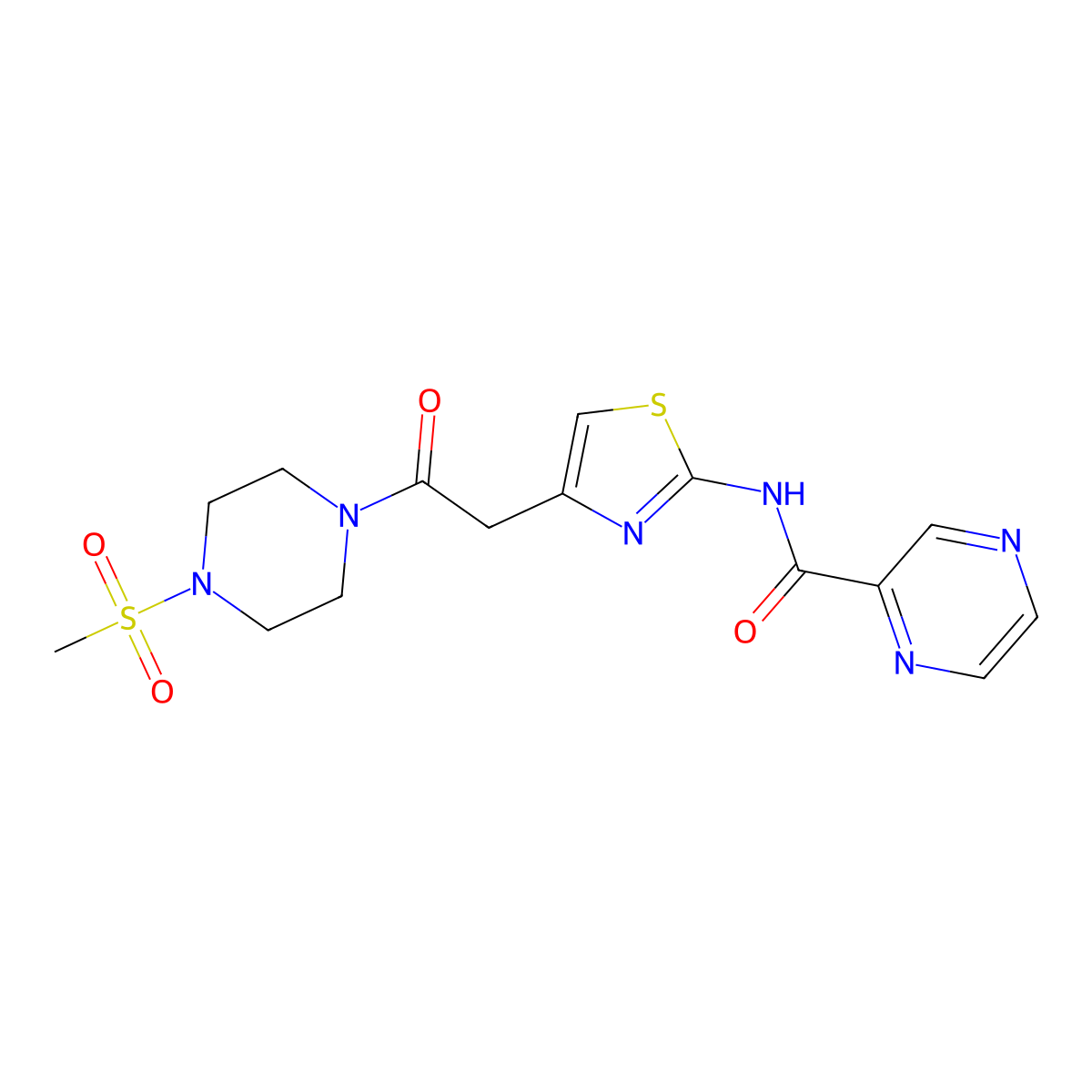 N-(4-(2-(4-(methylsulfonyl)piperazin-1-yl)-2-oxoethyl)thiazol-2-yl)pyrazine-2-carboxamide molecular structure, CAS 1207032-67-4
