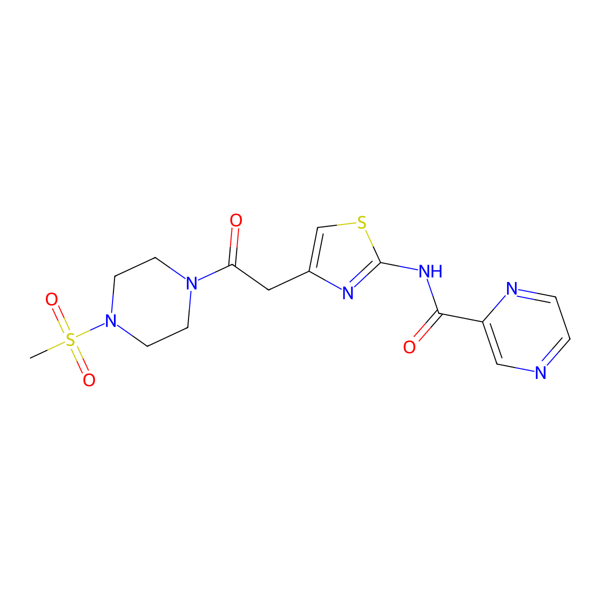 N-(4-(2-(4-(methylsulfonyl)piperazin-1-yl)-2-oxoethyl)thiazol-2-yl)pyrazine-2-carboxamide molecular structure, CAS 1207032-67-4