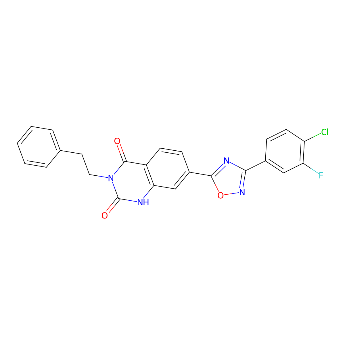 7-(3-(4-chloro-3-fluorophenyl)-1,2,4-oxadiazol-5-yl)-3-phenethylquinazoline-2,4(1H,3H)-dione molecular structure, CAS 1207032-74-3
