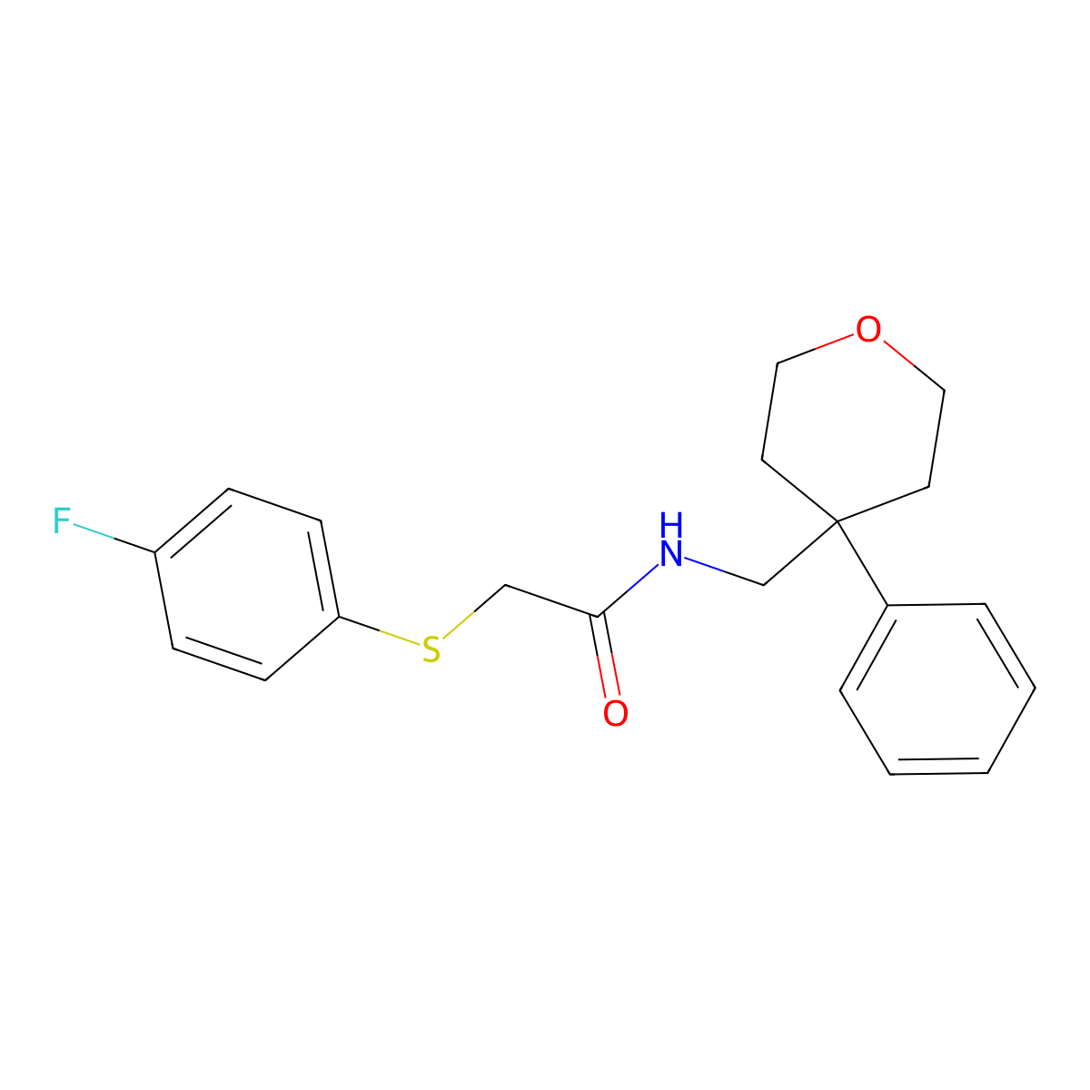2-((4-fluorophenyl)thio)-N-((4-phenyltetrahydro-2H-pyran-4-yl)methyl)acetamide molecular structure, CAS 1207032-80-1