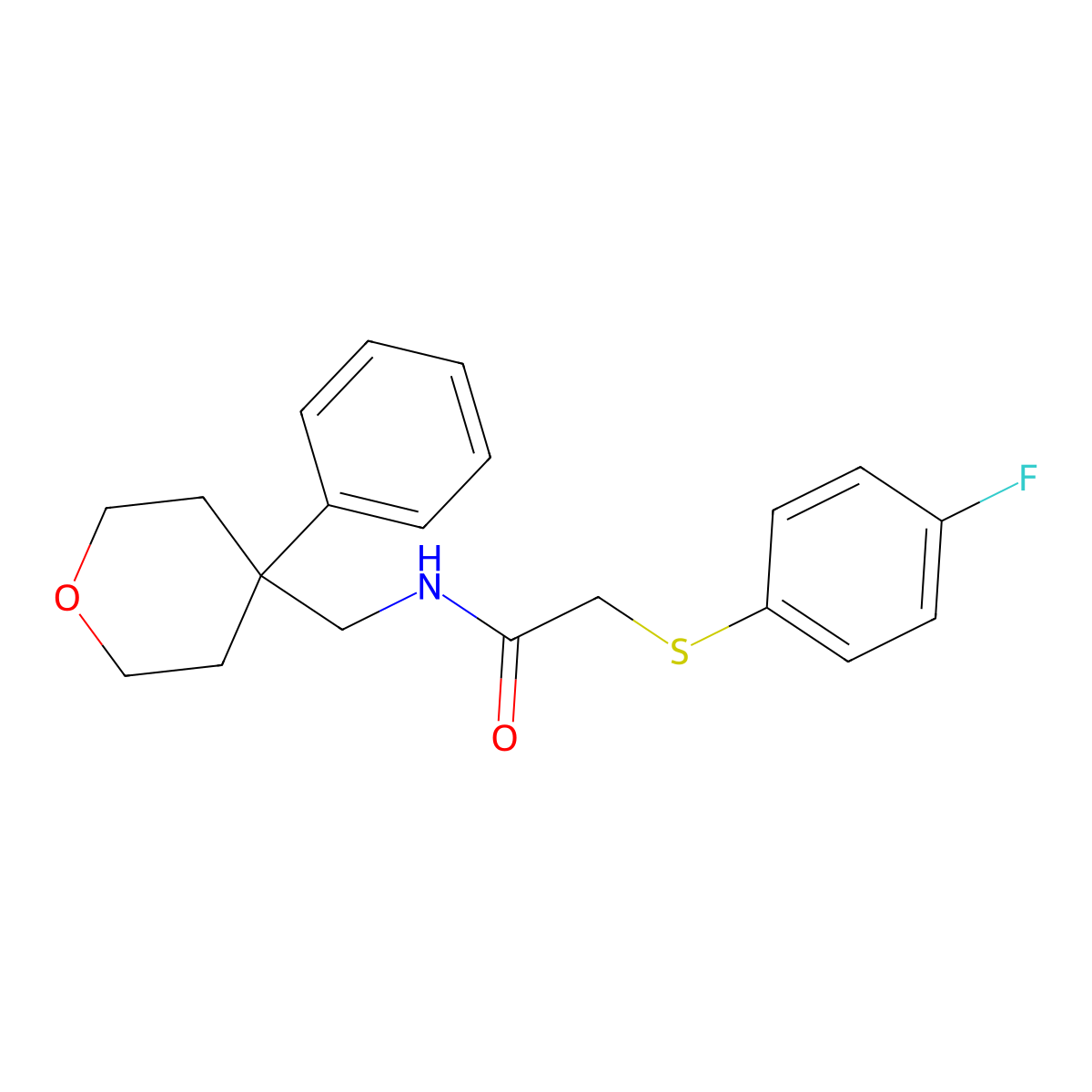2-((4-fluorophenyl)thio)-N-((4-phenyltetrahydro-2H-pyran-4-yl)methyl)acetamide molecular structure, CAS 1207032-80-1