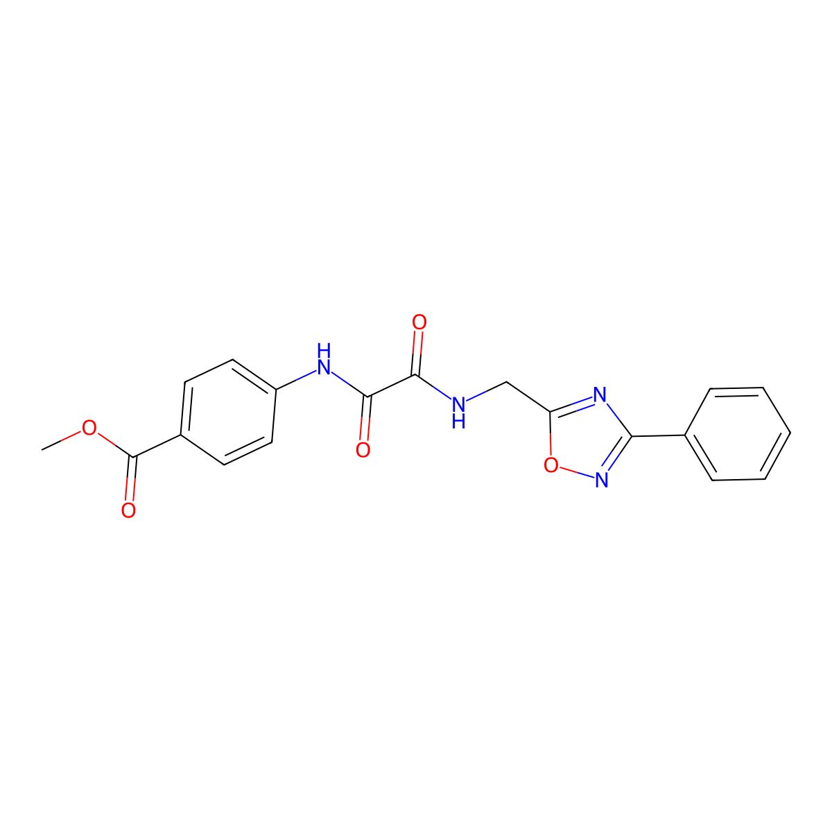 Methyl 4-(2-oxo-2-(((3-phenyl-1,2,4-oxadiazol-5-yl)methyl)amino)acetamido)benzoate molecular structure, CAS 1207032-88-9