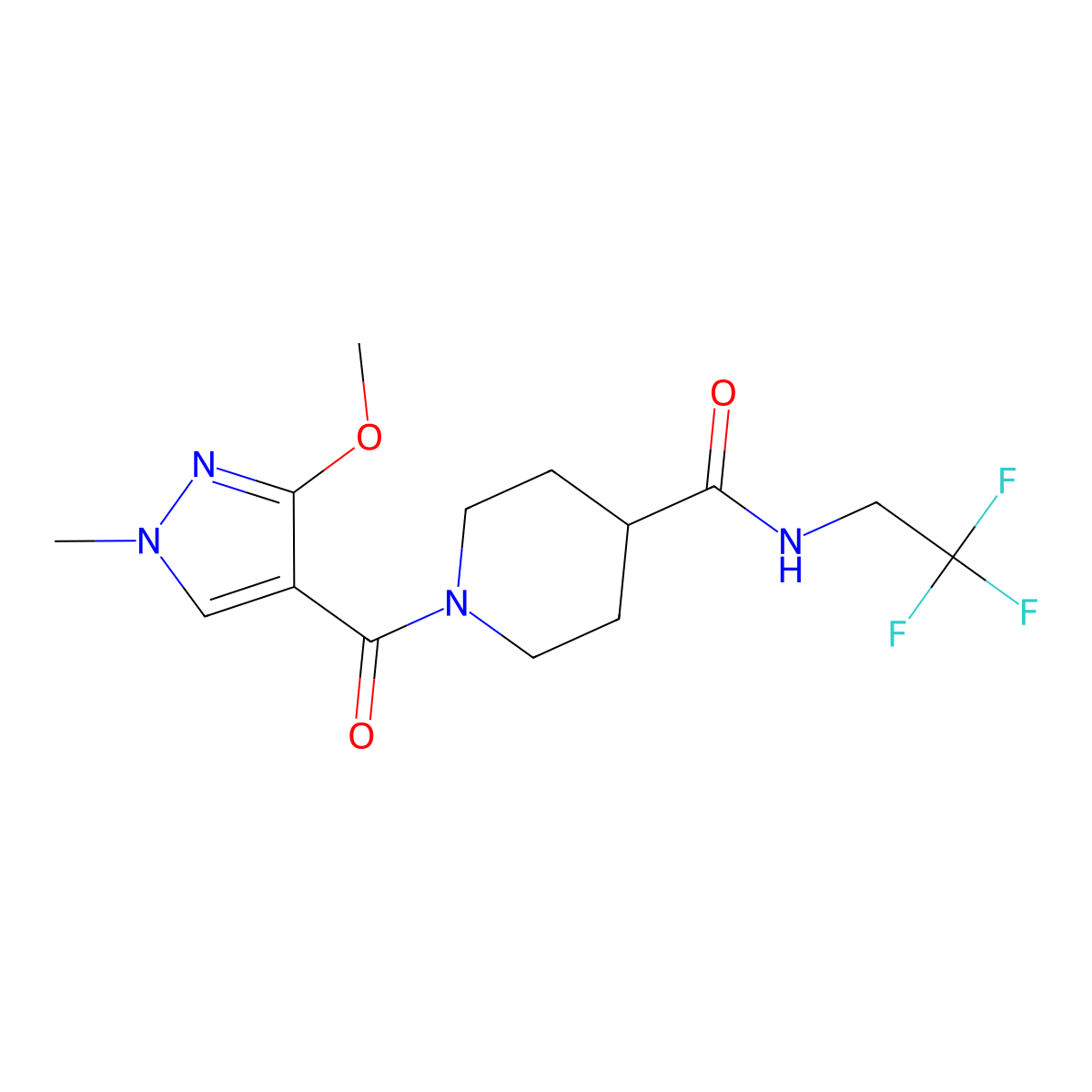 1-(3-methoxy-1-methyl-1H-pyrazole-4-carbonyl)-N-(2,2,2-trifluoroethyl)piperidine-4-carboxamide molecular structure, CAS 1207032-94-7