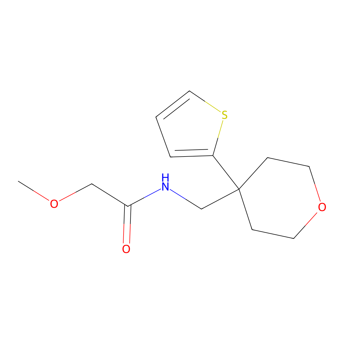 2-methoxy-N-((4-(thiophen-2-yl)tetrahydro-2H-pyran-4-yl)methyl)acetamide molecular structure, CAS 1207033-06-4