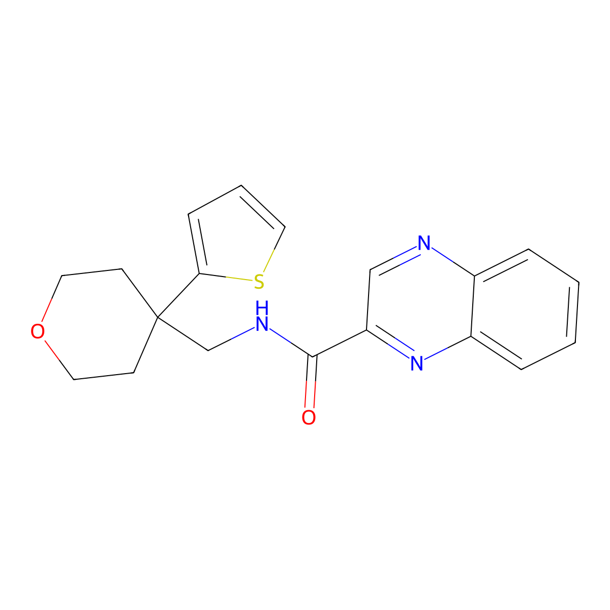 N-((4-(thiophen-2-yl)tetrahydro-2H-pyran-4-yl)methyl)quinoxaline-2-carboxamide molecular structure, CAS 1207033-12-2