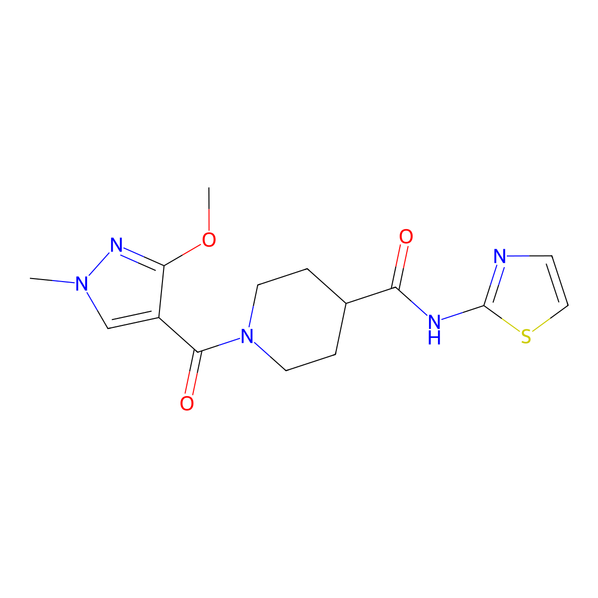 1-(3-methoxy-1-methyl-1H-pyrazole-4-carbonyl)-N-(thiazol-2-yl)piperidine-4-carboxamide molecular structure, CAS 1207033-13-3
