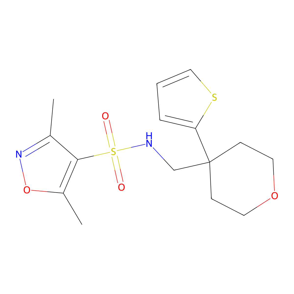 3,5-dimethyl-N-((4-(thiophen-2-yl)tetrahydro-2H-pyran-4-yl)methyl)isoxazole-4-sulfonamide molecular structure, CAS 1207033-26-8