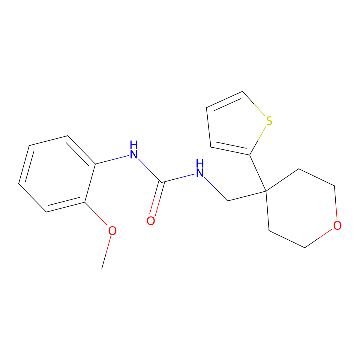 1-(2-methoxyphenyl)-3-((4-(thiophen-2-yl)tetrahydro-2H-pyran-4-yl)methyl)urea molecular structure, CAS 1207033-36-0