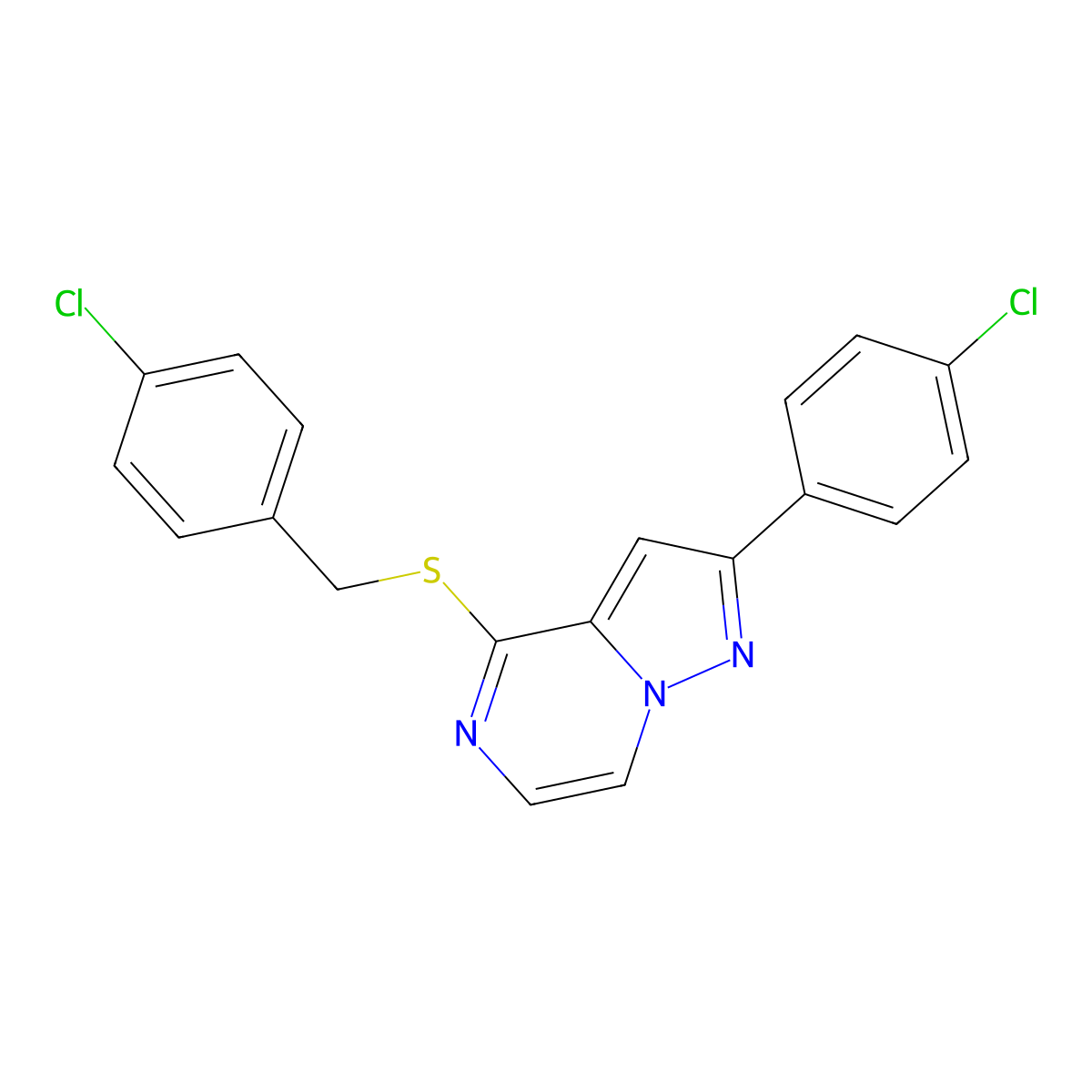 4-[(4-Chlorobenzyl)thio]-2-(4-chlorophenyl)pyrazolo[1,5-a]pyrazine molecular structure, CAS 1207033-42-8