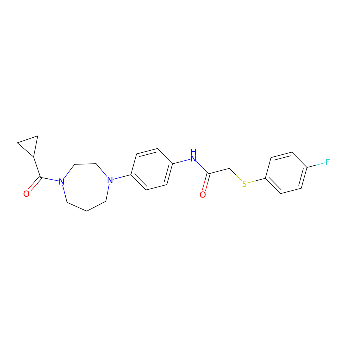 N-(4-(4-(cyclopropanecarbonyl)-1,4-diazepan-1-yl)phenyl)-2-((4-fluorophenyl)thio)acetamide molecular structure, CAS 1207033-59-7