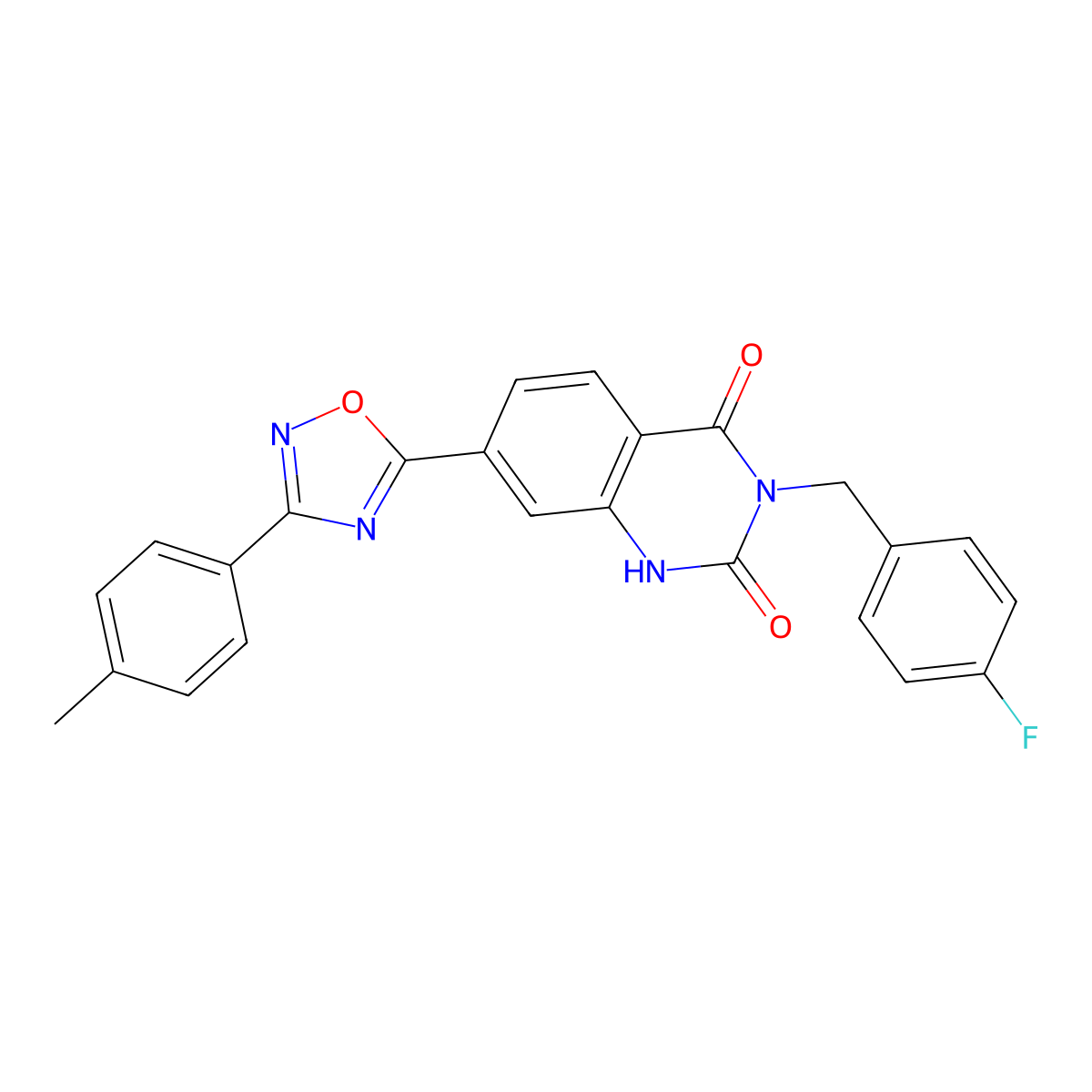 3-(4-fluorobenzyl)-7-(3-(p-tolyl)-1,2,4-oxadiazol-5-yl)quinazoline-2,4(1H,3H)-dione molecular structure, CAS 1207034-09-0