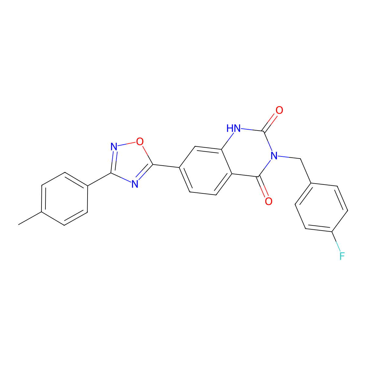 3-(4-fluorobenzyl)-7-(3-(p-tolyl)-1,2,4-oxadiazol-5-yl)quinazoline-2,4(1H,3H)-dione molecular structure, CAS 1207034-09-0