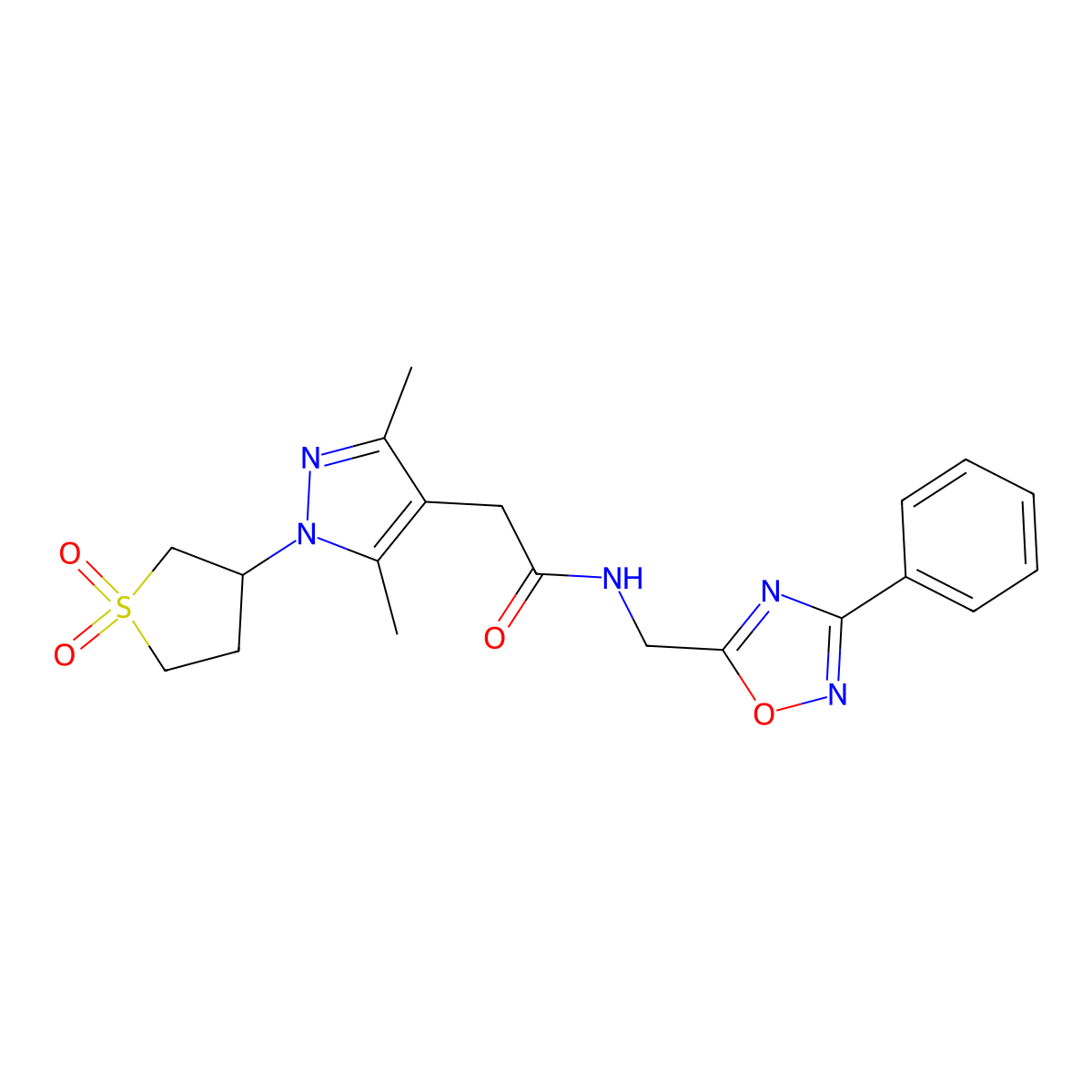 2-(1-(1,1-dioxidotetrahydrothiophen-3-yl)-3,5-dimethyl-1H-pyrazol-4-yl)-N-((3-phenyl-1,2,4-oxadiazol-5-yl)methyl)acetamide molecular structure, CAS 1207034-19-2