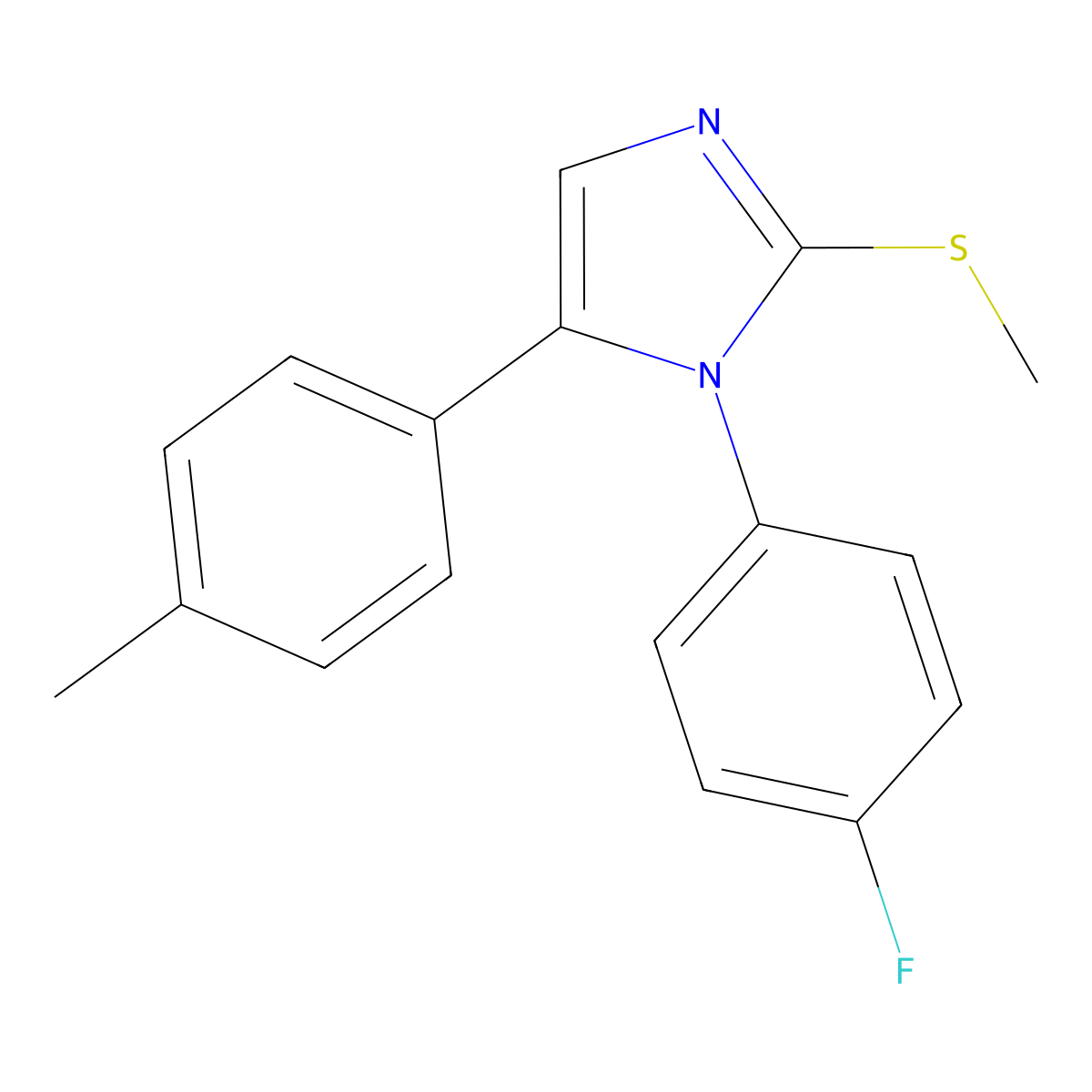 1-(4-fluorophenyl)-2-(methylthio)-5-(p-tolyl)-1H-imidazole molecular structure, CAS 1207034-38-5