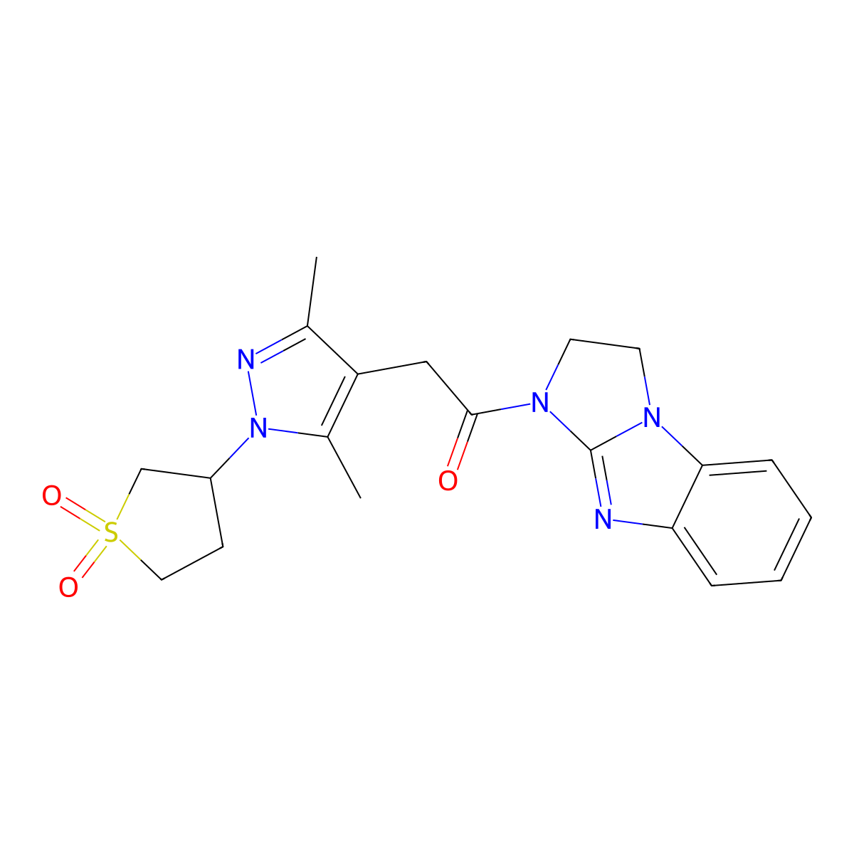 1-(2,3-dihydro-1H-benzo[d]imidazo[1,2-a]imidazol-1-yl)-2-(1-(1,1-dioxidotetrahydrothiophen-3-yl)-3,5-dimethyl-1H-pyrazol-4-yl)ethanone molecular structure, CAS 1207034-57-8