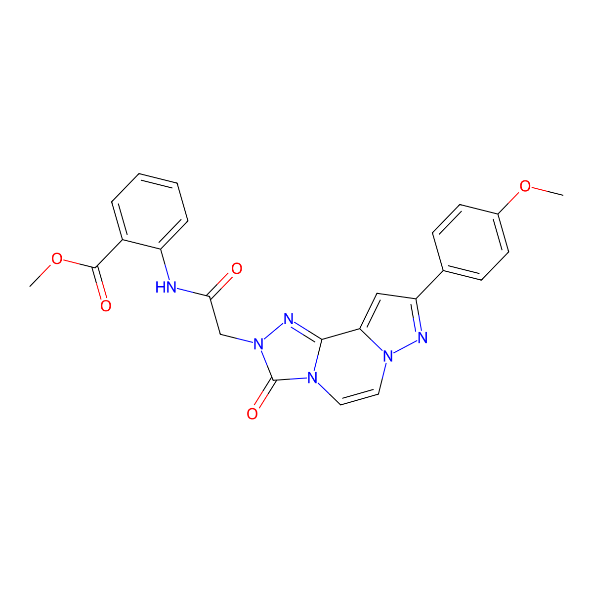 Methyl 2-{2-[11-(4-methoxyphenyl)-5-oxo-3,4,6,9,10-pentaazatricyclo[7.3.0.0^{2,6}]dodeca-1(12),2,7,10-tetraen-4-yl]acetamido}benzoate molecular structure, CAS 1207034-68-1
