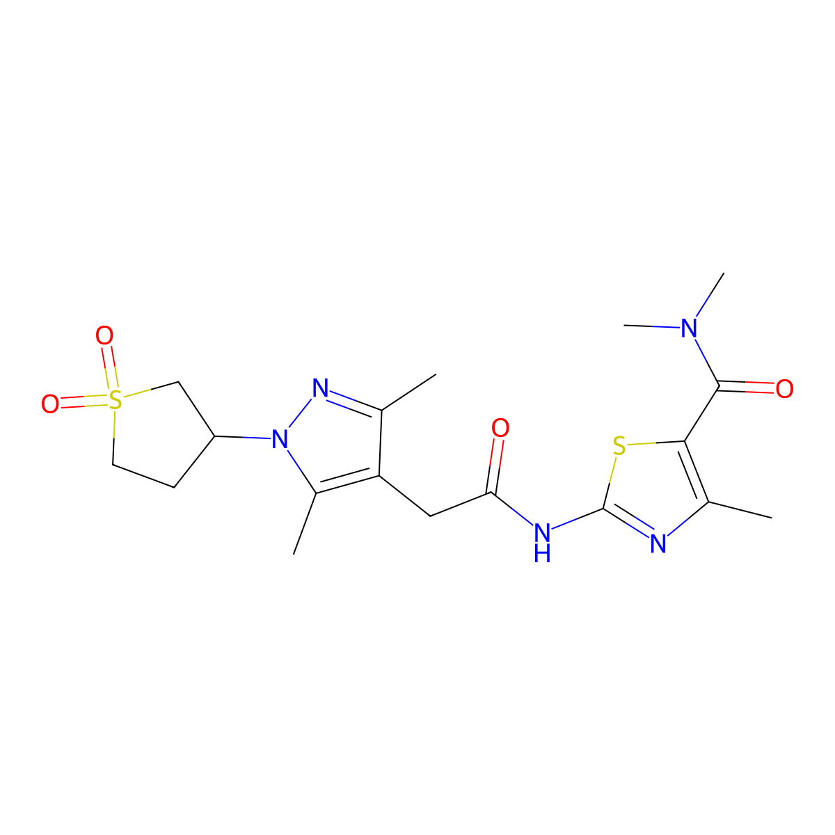 2-(2-(1-(1,1-dioxidotetrahydrothiophen-3-yl)-3,5-dimethyl-1H-pyrazol-4-yl)acetamido)-N,N,4-trimethylthiazole-5-carboxamide molecular structure, CAS 1207034-72-7