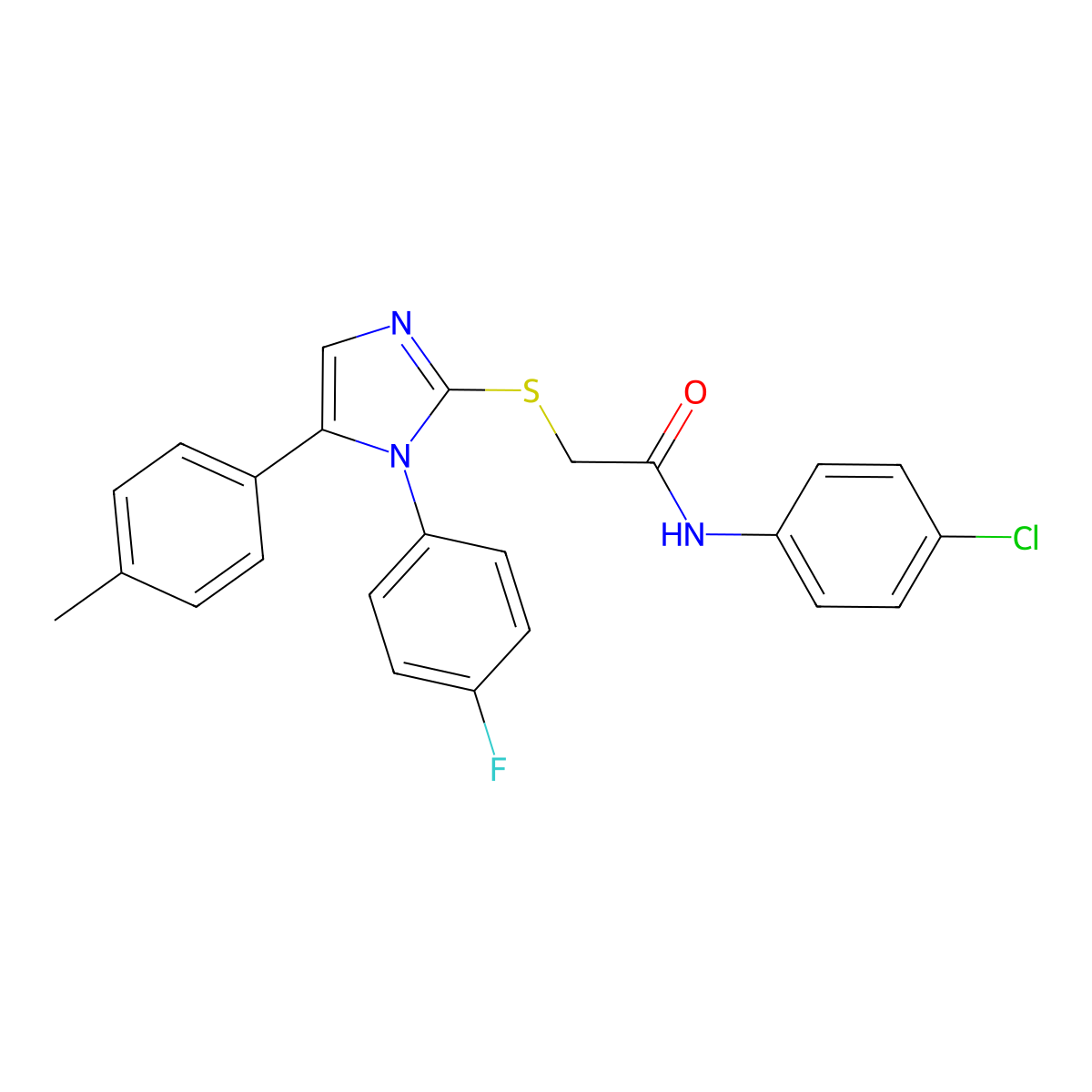 N-(4-chlorophenyl)-2-((1-(4-fluorophenyl)-5-(p-tolyl)-1H-imidazol-2-yl)thio)acetamide molecular structure, CAS 1207034-84-1