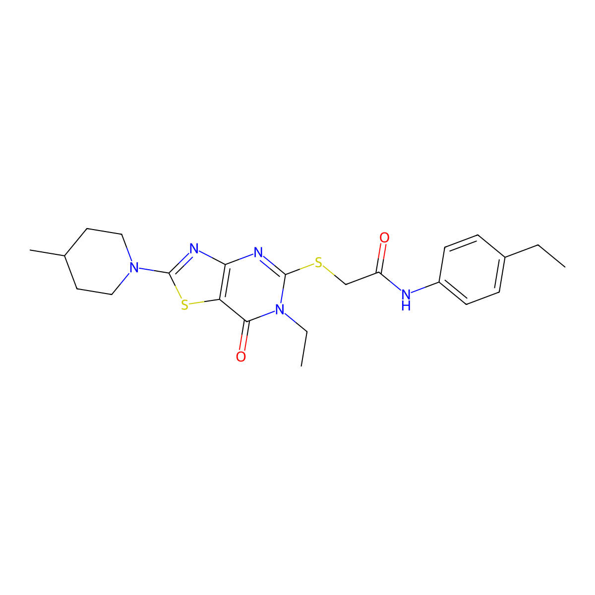 2-{[6-ethyl-2-(4-methylpiperidin-1-yl)-7-oxo-6H,7H-[1,3]thiazolo[4,5-d]pyrimidin-5-yl]sulfanyl}-N-(4-ethylphenyl)acetamide molecular structure, CAS 1207035-03-7