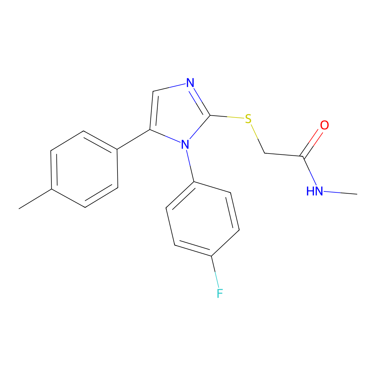 2-((1-(4-fluorophenyl)-5-(p-tolyl)-1H-imidazol-2-yl)thio)-N-methylacetamide molecular structure, CAS 1207035-05-9