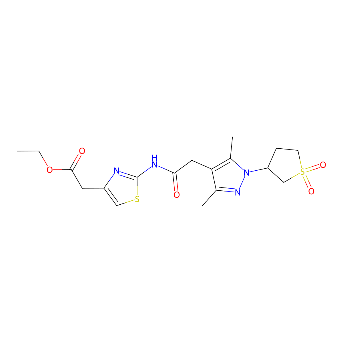 ethyl 2-(2-(2-(1-(1,1-dioxidotetrahydrothiophen-3-yl)-3,5-dimethyl-1H-pyrazol-4-yl)acetamido)thiazol-4-yl)acetate molecular structure, CAS 1207035-13-9